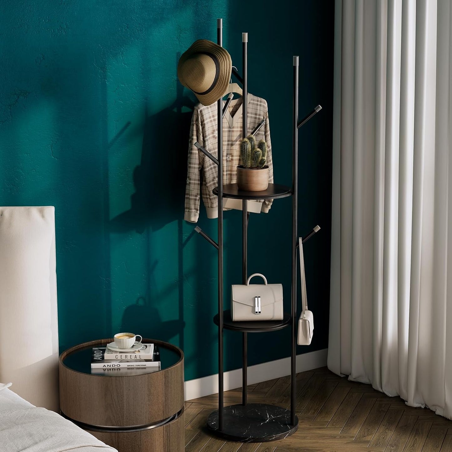 metal Coat Rack whit Marble base,heavy duty coat hanger Stand, Freestanding Coat Racks with 3 Shelves and 9 Hooks,Coat Tree for Entryway, Bedroom, Coats, Bags,purse