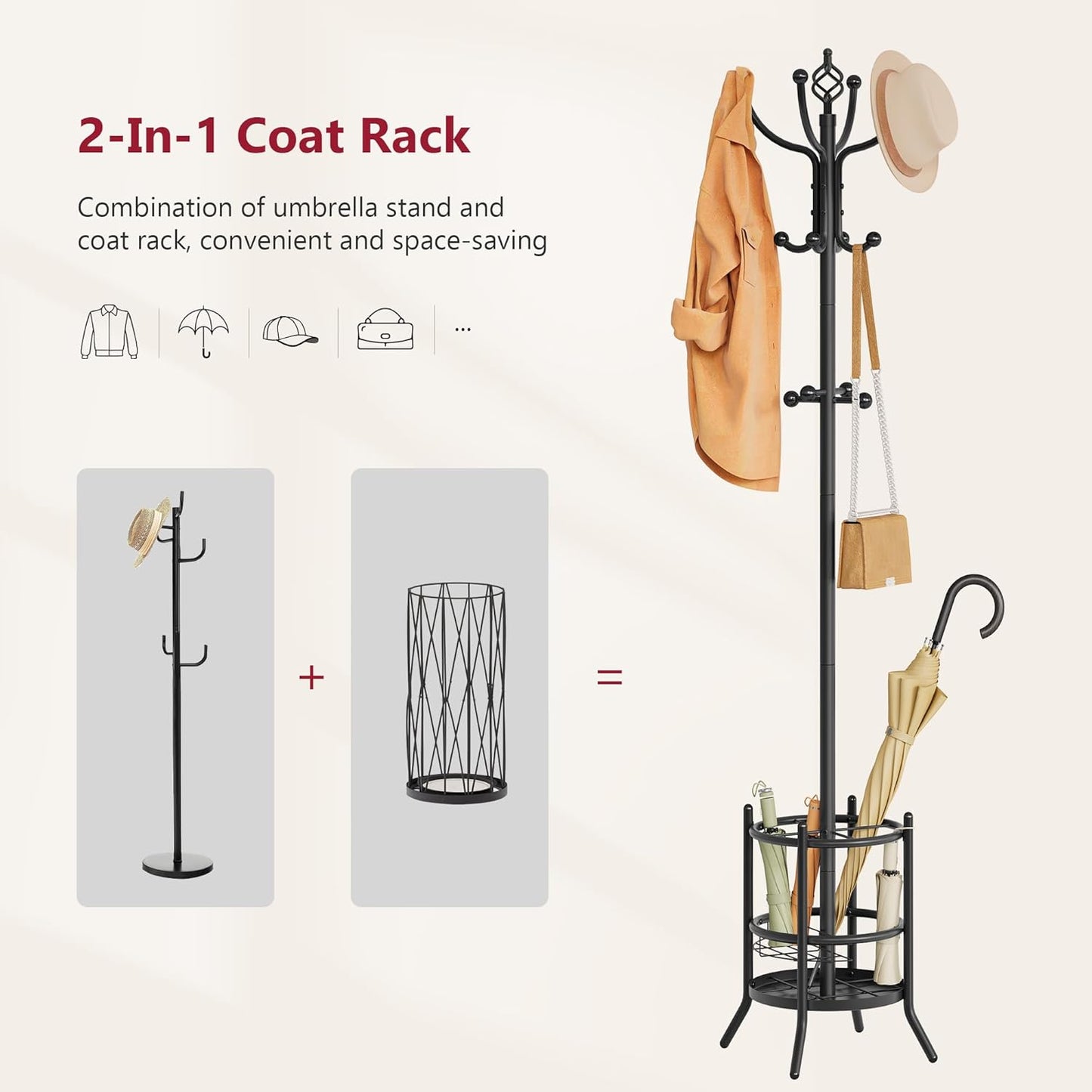 Tajsoon Coat Rack Stand with Umbrella Holder, Coat Tree Freestanding with 16 Hooks, Coat Hangers Stand for Living Room, Bedroom, Office, Black