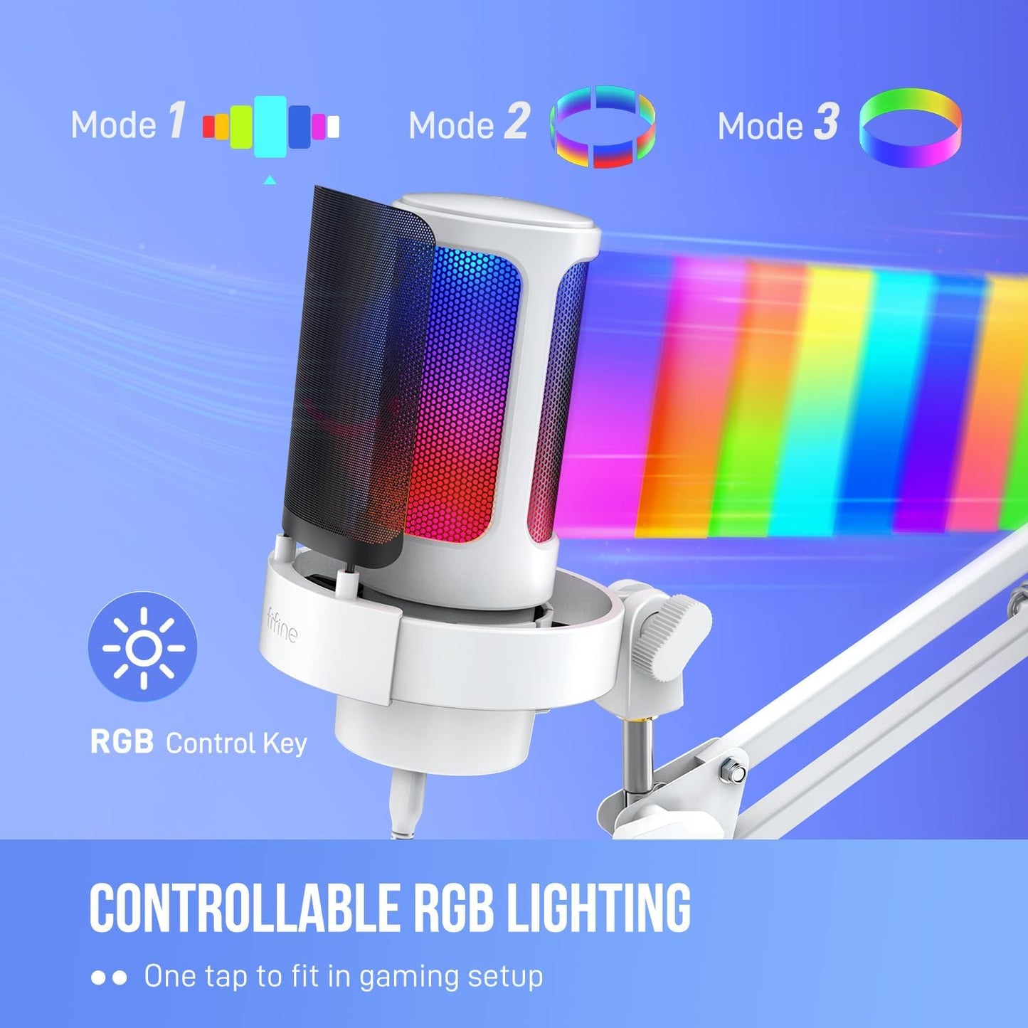 FIFINE Gaming PC USB Microphone Kit, Condenser RGB Mic with Metal Boom Arm, Mute, Gain Knob, Headphones Monitoring, Streaming Microphone Bundle for PS4/PS5, YouTube, Discord, Twitch-A8T White
