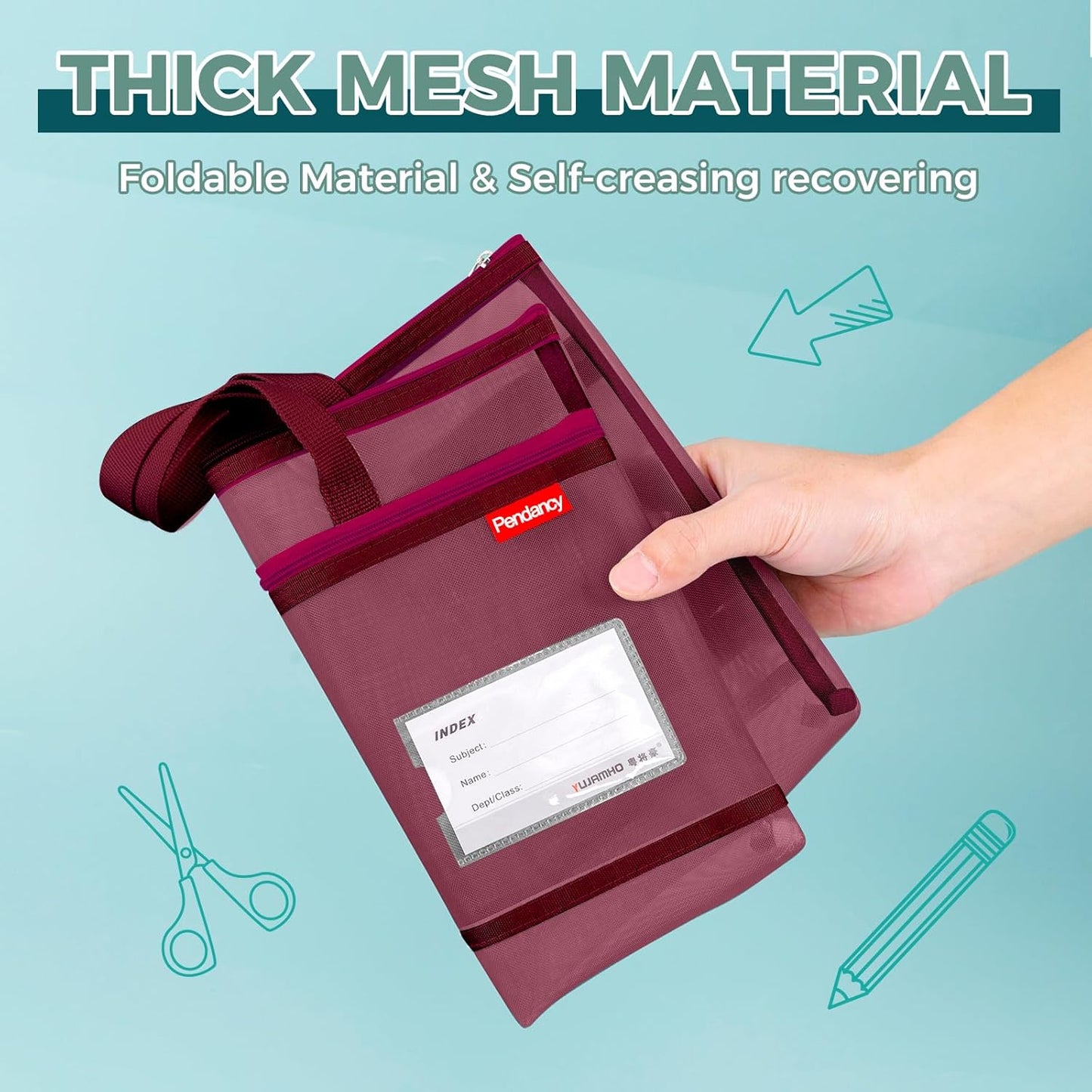 Pendancy Mesh Zipper Pouch A3 Size, Large Double Pocket Lightweight Nylon Transparent File Bag with Handle, 13x17 in Foldable Document Storage for Puzzle Project/Cross Stitch/Travel/Office (Red)