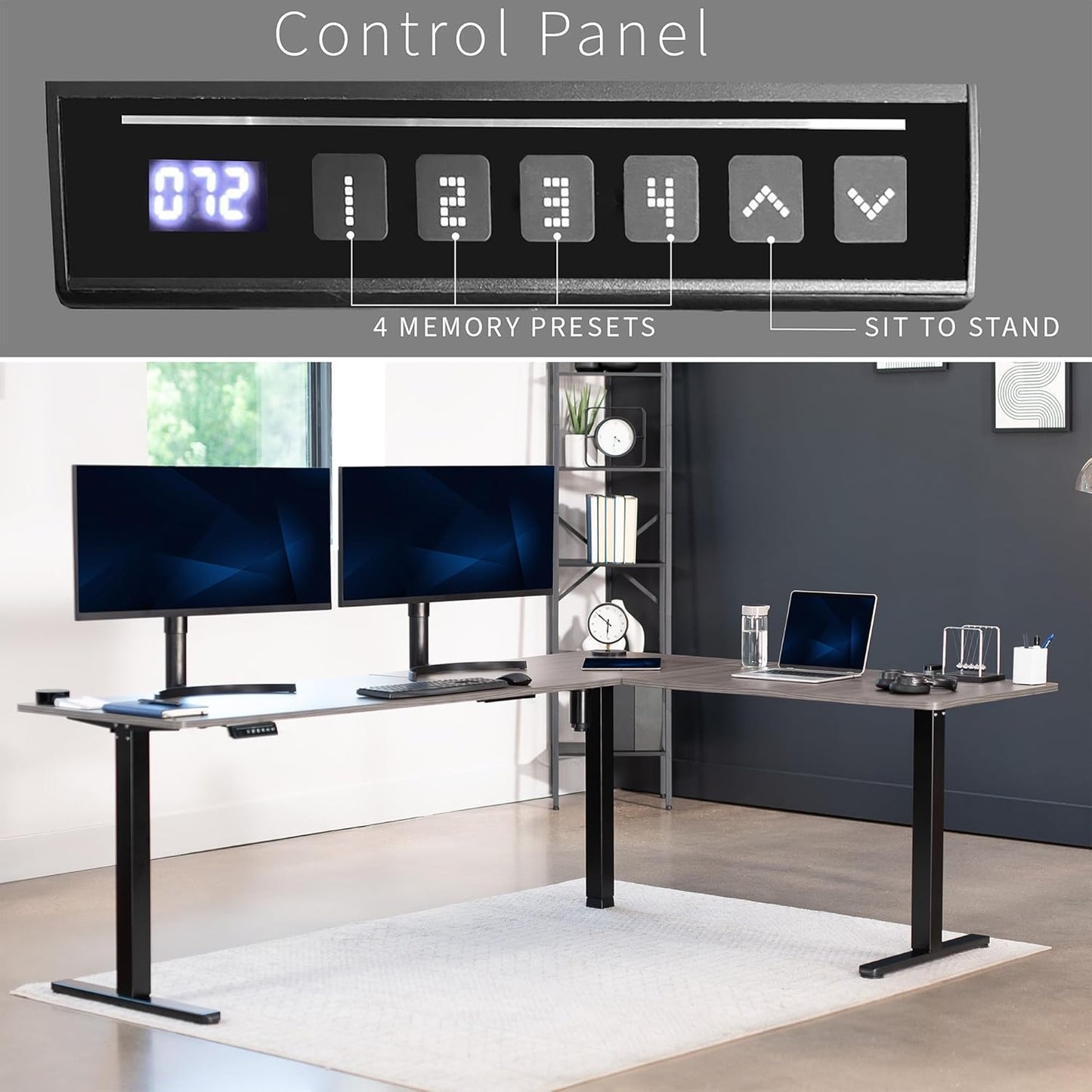 VIVO Electric Corner L-Shaped 84 x 63 in Standing Desk, Memory Height Adjustment, Dark Gray Top Black Frame, DESK-E3CTBG-84