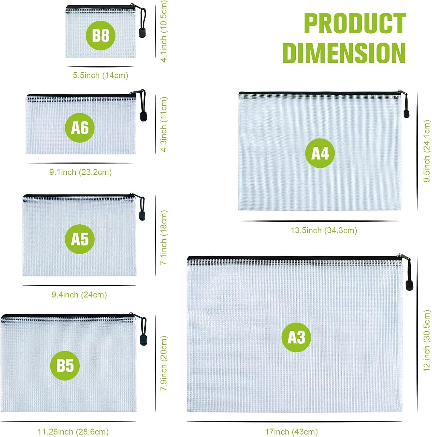 12 Pcs Plastic Mesh Zip File Bags, Waterproof Tear-Resistant Document File Folders, MultiSize Zipper Documents Pouch Organizer Bags for School Office Home Travel Storage(6 Sizes)