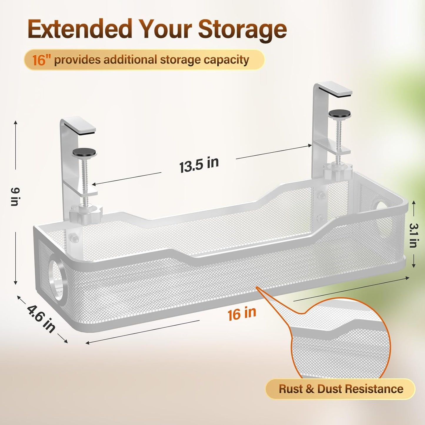 [Upgraded] 2 Pack Under Desk Cable Management Tray, Cinati Cord Organizers for Table Thickness up to 3", 16" Wire Organization with Clamp No Drill, Cable Management Box for Office - No Damage to Desk