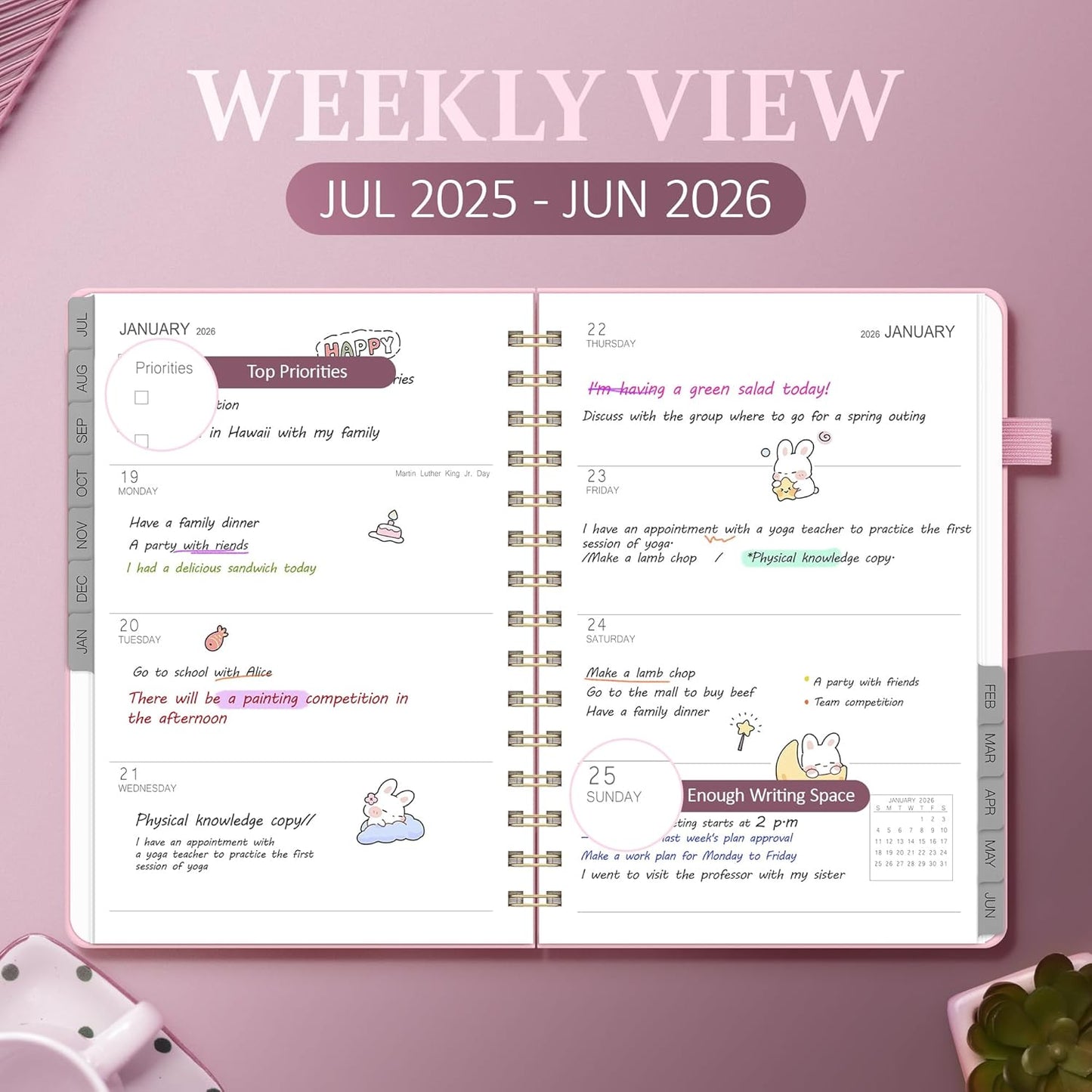 Planner 2025-2026 Weekly and Monthly, July 2025 - June 2026, Hardcover Spiral Bound with Tabs, Inner Pocket, A5 (6.3"x8.5") - Ideal for Teachers, Students & Professionals, Pink