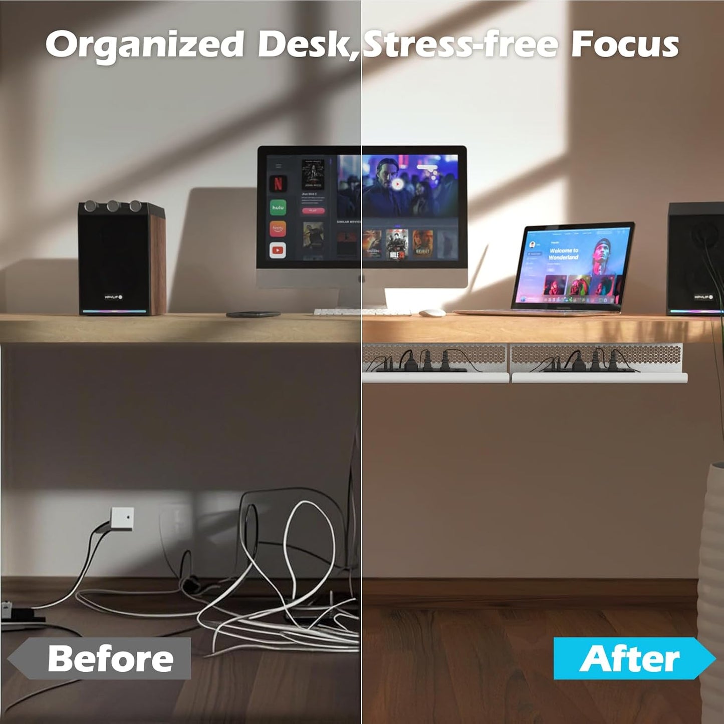 KHAMAL Cable Management Under Desk 26PCS - Cable Management Tray Kit Ventilated Hexagonal Design with Cable Clips, Wire Ties, Cord Holder & Screws for Office, Home - 2 White Sets