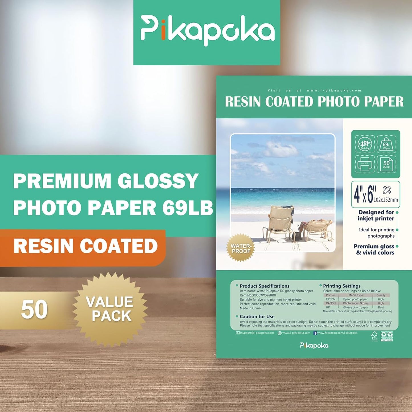 Ultra-Premium Glossy RC Photo Paper, Professional and Heavyweight Metallic Resin Coated Photo Paper, Pigment and Dye Inkjet Printer Suitable, Waterproof, 4x6, 50 Pack