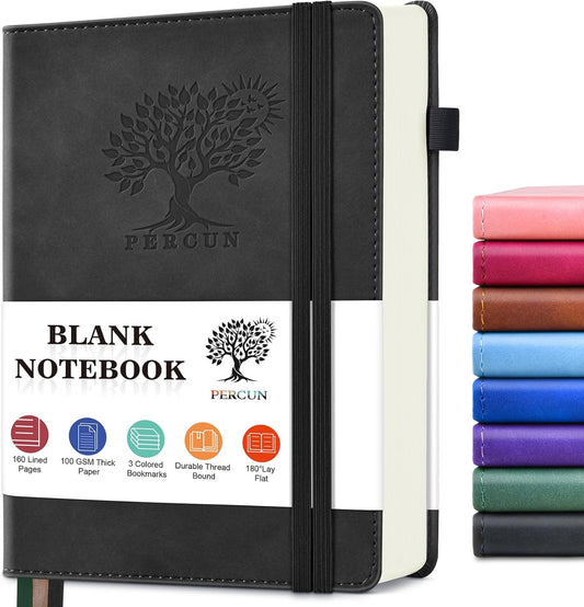 PERCUN Blank Journal Ntebook for Men & Women, 160 Pages Blank Journals for Writing, Drawing,Sketch Book,5.9" x 8.5" Leather Sketchbook, Unlined Notebook for Work, School, Art - Black