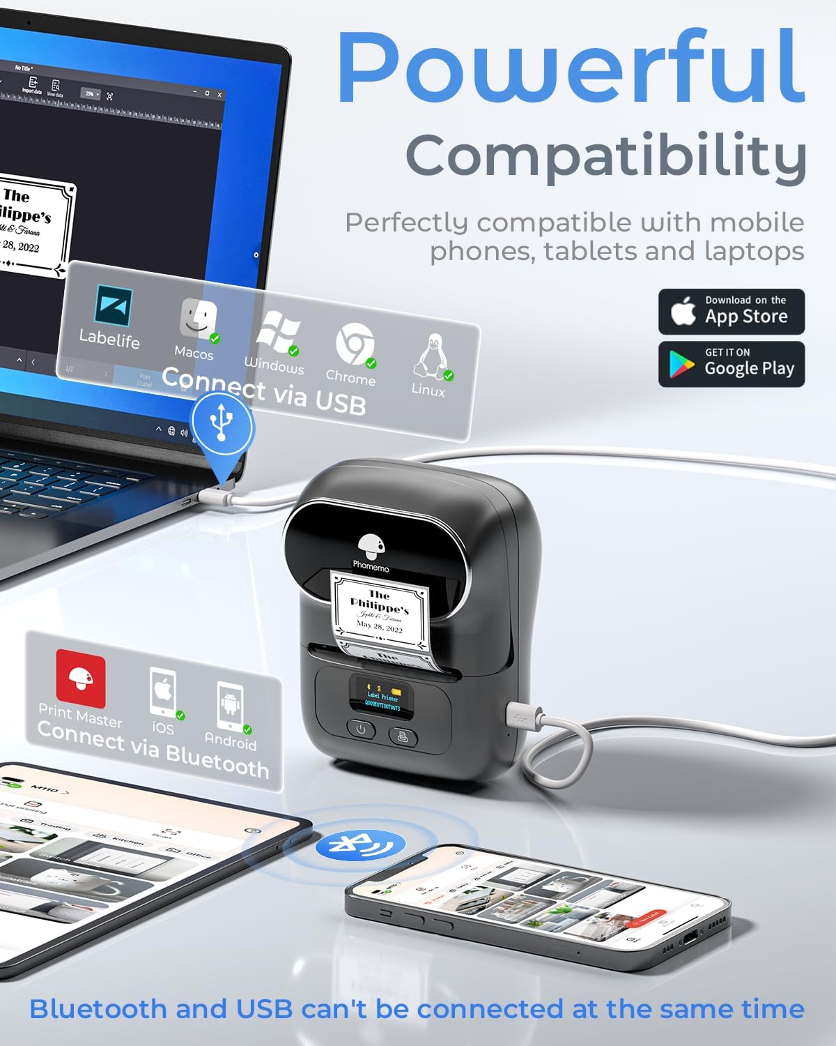 Phomemo M110 Thermal Label Makers- Barcode Label Printer Bluetooth Label Maker Portable Printer for Small Business, Address, Logo, Clothing, Mailing, Sticker Printers for Phone & PC, Gray