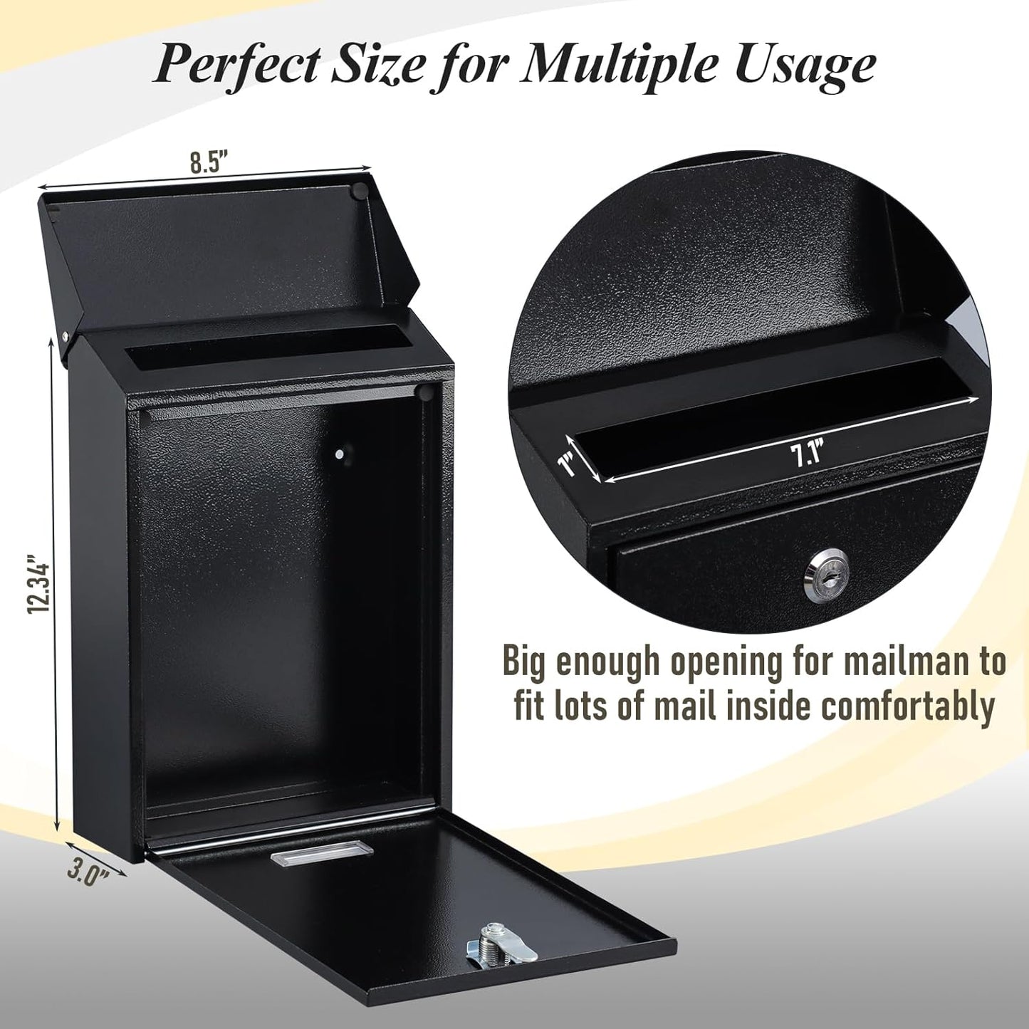 xydled Mail Boxes with Key Lock,Locking Mailbox Wall Mounted,Large Capacity,Steel Cover Metal Postbox for House, Black, 12.34''x8.5''x3''