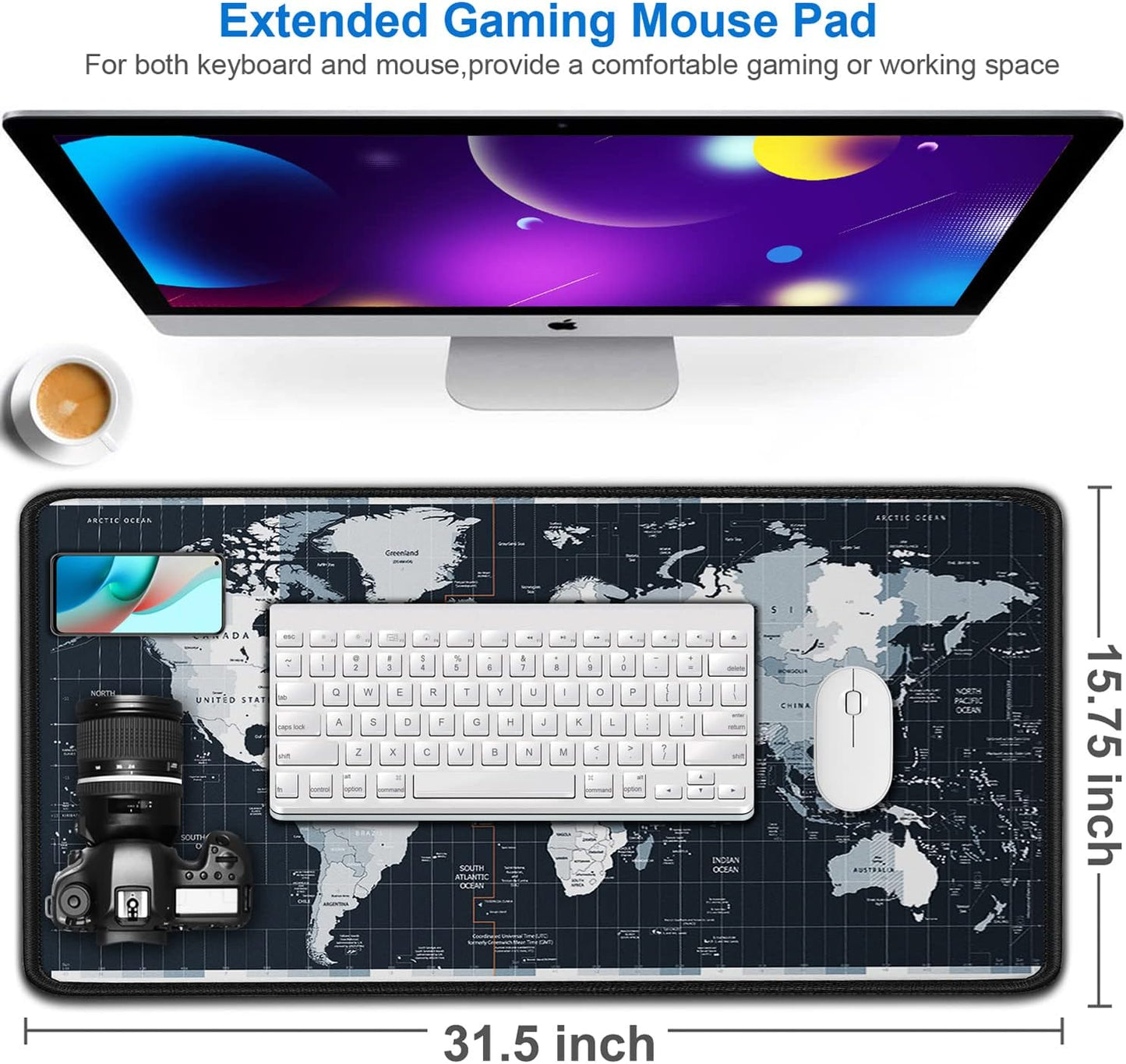 Large Gaming Mouse Pad with Stitched Edges, 31.5x15.7 in Extended Computer Keyboard Mouse Mat, Water Resist Non-Slip Mousepad Rubber Base Long XXL Desk Mousepad for Work & Gaming, Home, Map