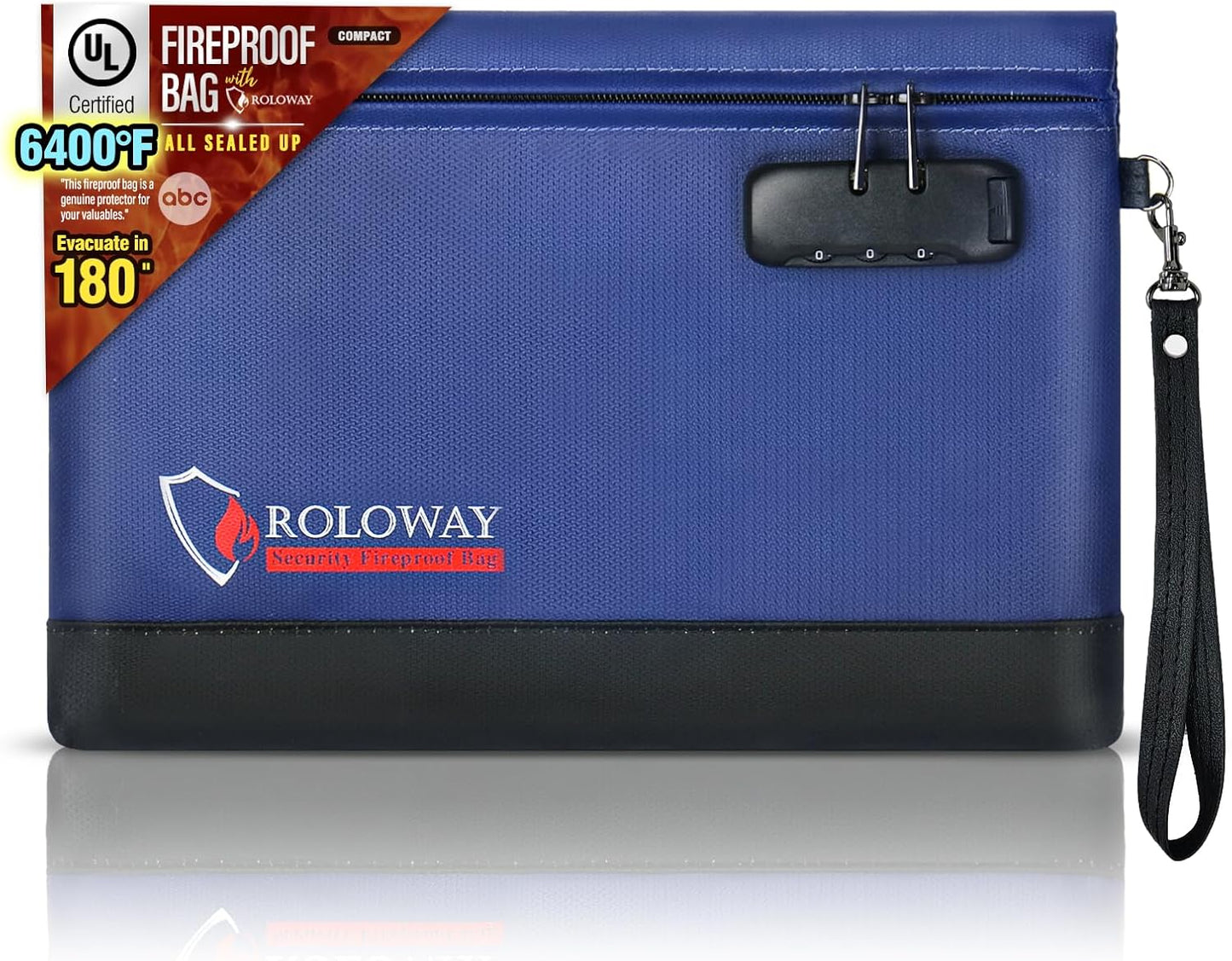 ROLOWAY Fireproof Money Bag with Lock for Cash, 6400°F Fire Proof Document Bag (12.2 x 8.5 x 1.6 inches), Money Pouch with Zipper (Blue)