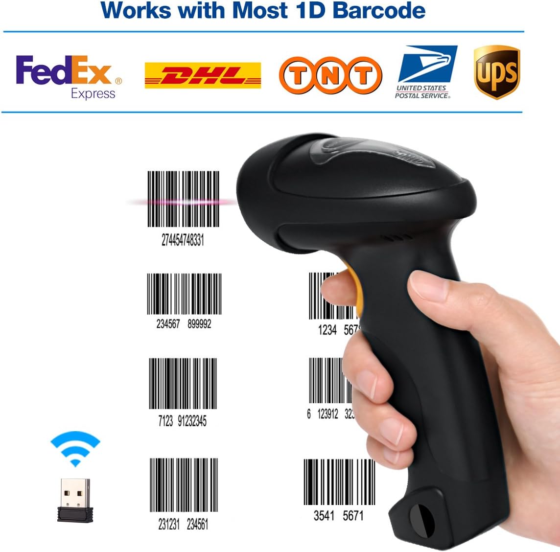 Barcode Scanner (2.4GHz Wireless USB Automatic & USB2.0 Wired) Rechargeable 1D Handheld Bar-Code Reader Support for FedEx and USPS Maximum Offline 2600 Code Entries
