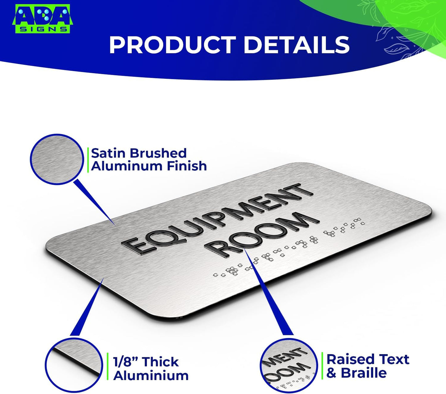 ADASigns Equipment Room Sign 7" W x 4" H - Durable Brushed Aluminum with Grade 2 Braille - Easy Installation with Strong Double Sided Tape - ADA Compliant Office Door Signs for Businesses & Offices