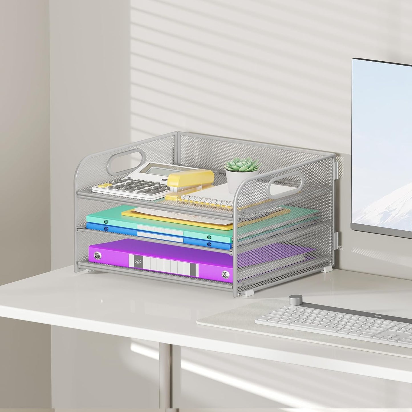 3 Tier Paper Organizer with Handle, Metal Desk Organizer Mesh Paper Letter Tray Desktop File Folder Document Sorter for Classroom, School, Office Accessories Organization and Storage - Silver