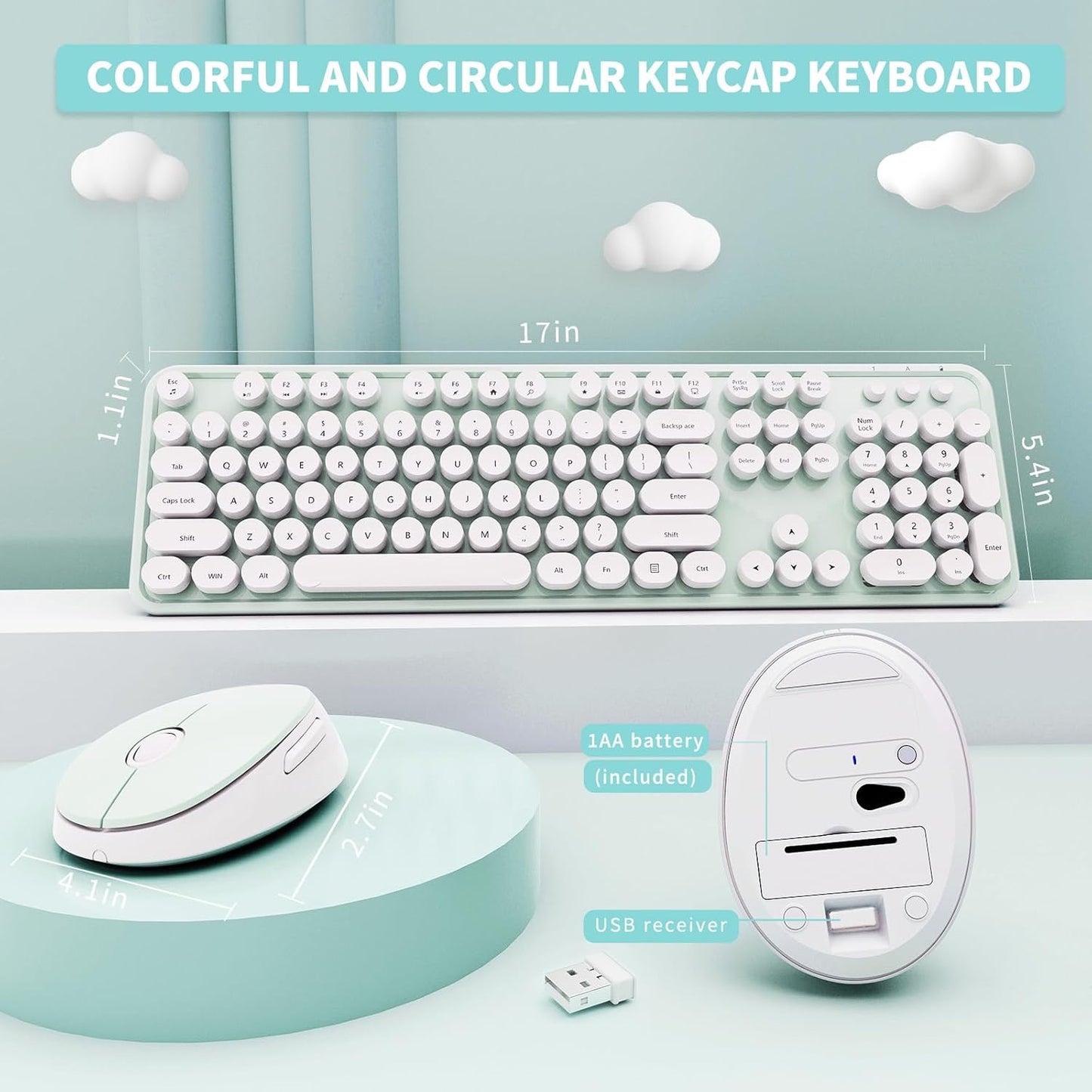 Wireless Keyboard and Mouse Combo, Ergonomic Full Size Typewriter Retro Round Keycaps Keyboard, Compatible with Windows, PC, Perfer for Home and Office Keyboards（Green）