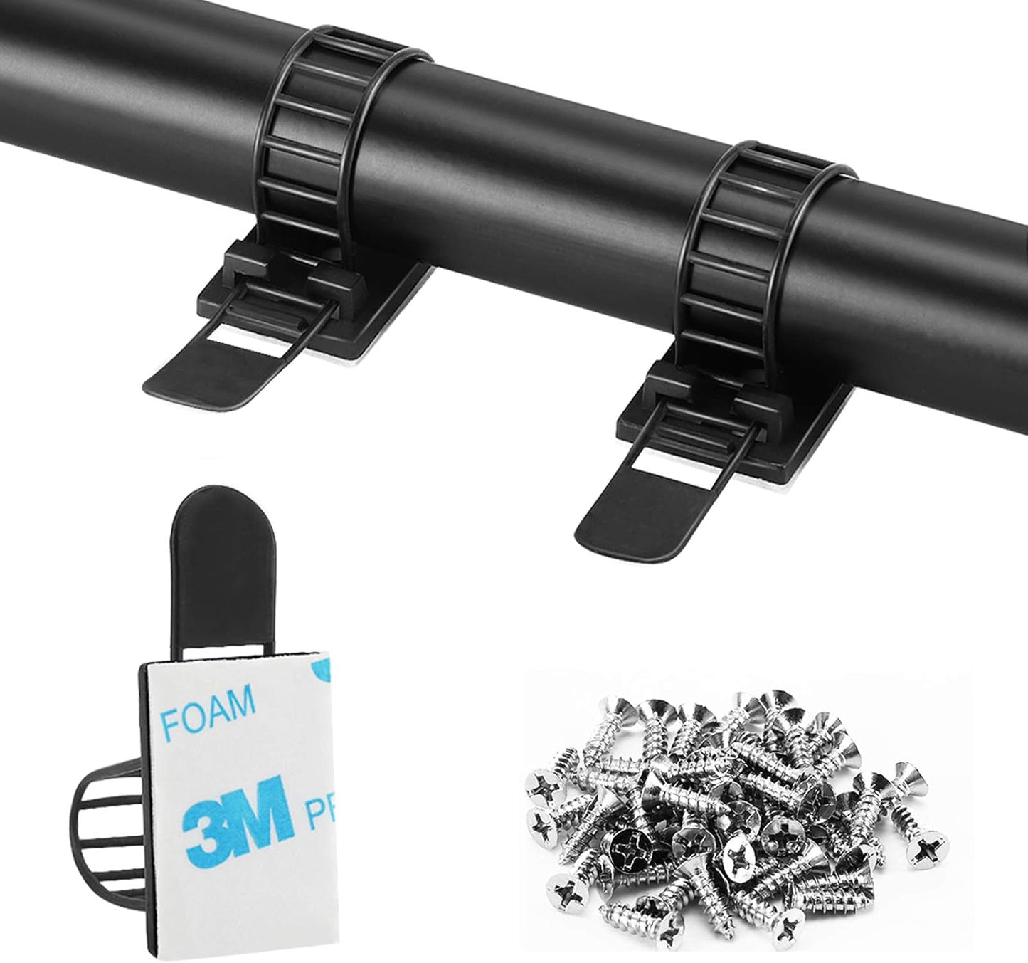 Adhesive Cable Management Clips, 100Pcs Adjustable Nylon Cable Strap Ties Wire Clips Clamps Organizer with Strong Adhesive Tape, Extra Screw & Hole for Strong Fixation Home Office - 3.55 Inch Black