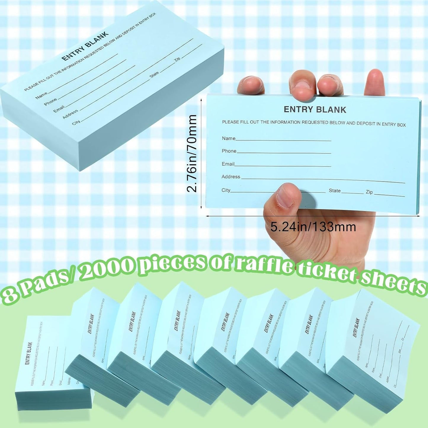 Kosiz 2000 Raffle Ticket Sheet 8 Pad 5.24" x 2.76" Enter to Win Blank Entry Form for Contest Collect Name Phone Number Email Address for School Event Ballot Network Marketing(Light Blue)