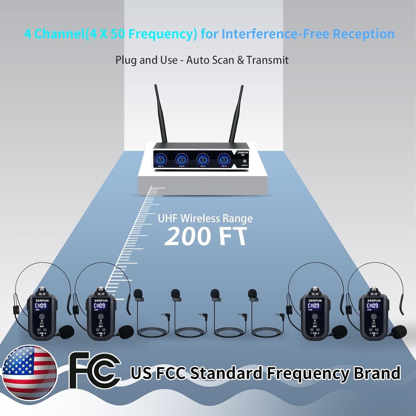 Rechargeable Wireless Microphone System 4 Channel Pro, UHF Metal Headset Lavalier Lapel Mics Cordless for Church Karaoke Singing with Volume Control, 4x50 Frequency(G8)