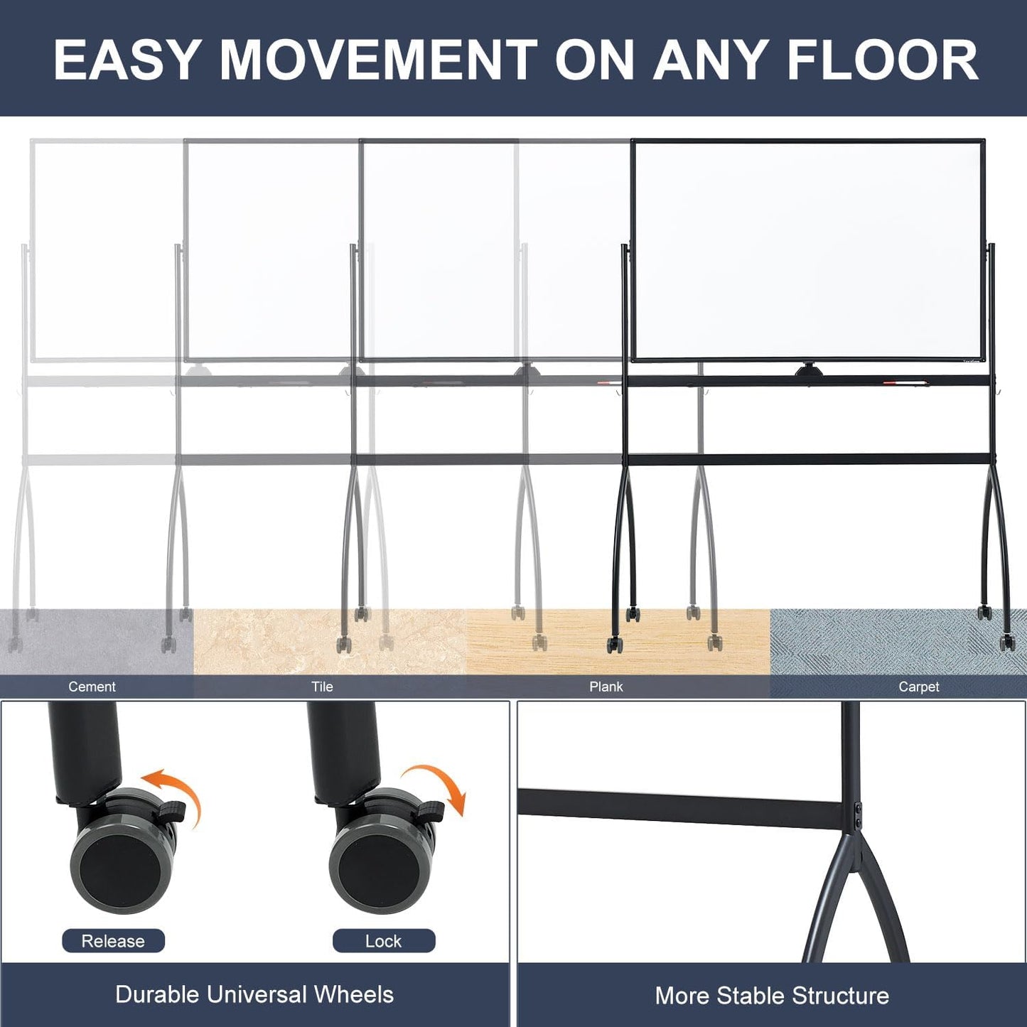 TANKEE White Board Height Adjustable - 48 x 32 Mobile Whiteboard on Wheels, Large Magnetic Double-Sided Rolling Dry Erase Board with Stand, Standing Whiteboard for Office School Home Classroom