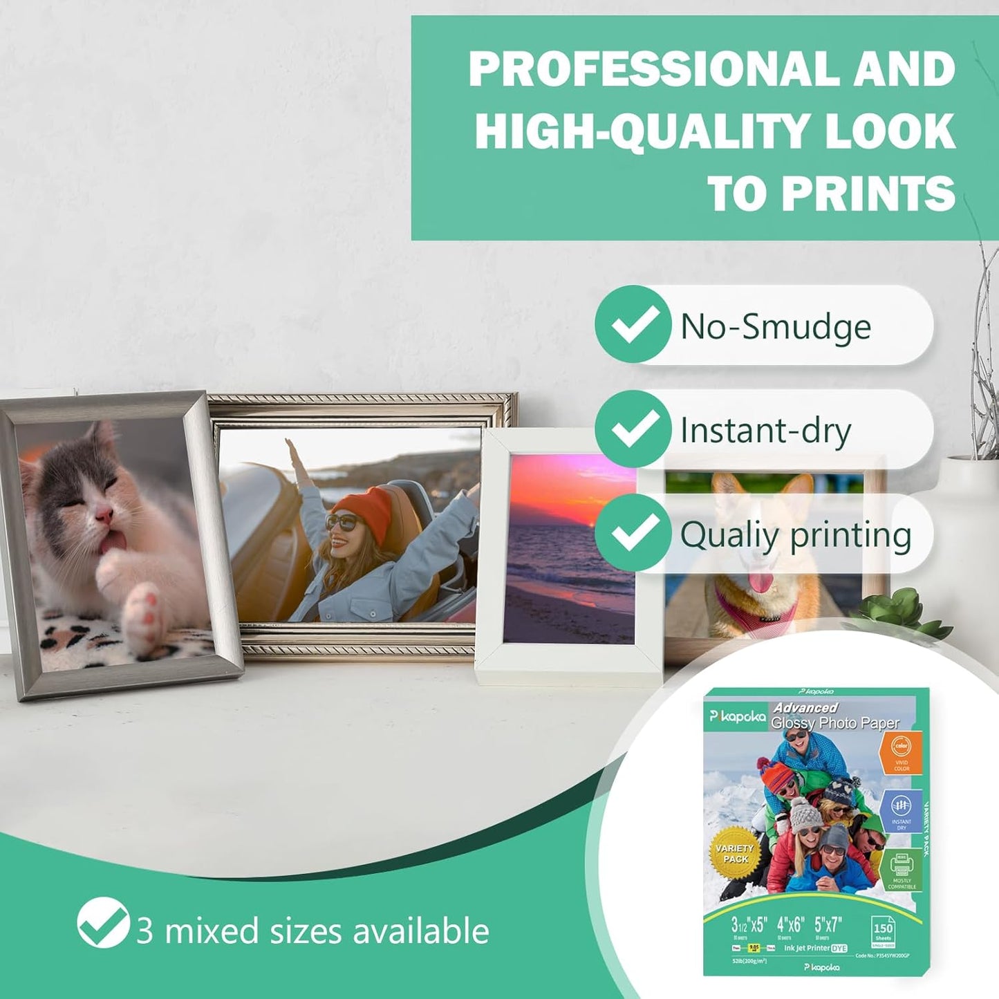 Glossy Photo Paper 3.5x5, 4x6, 5x7, Photo Printer Paper for Inkjet, 150 Bulk Variety Pack, Assorted Sizes, 52lb/200gsm (P3545YW200GP)