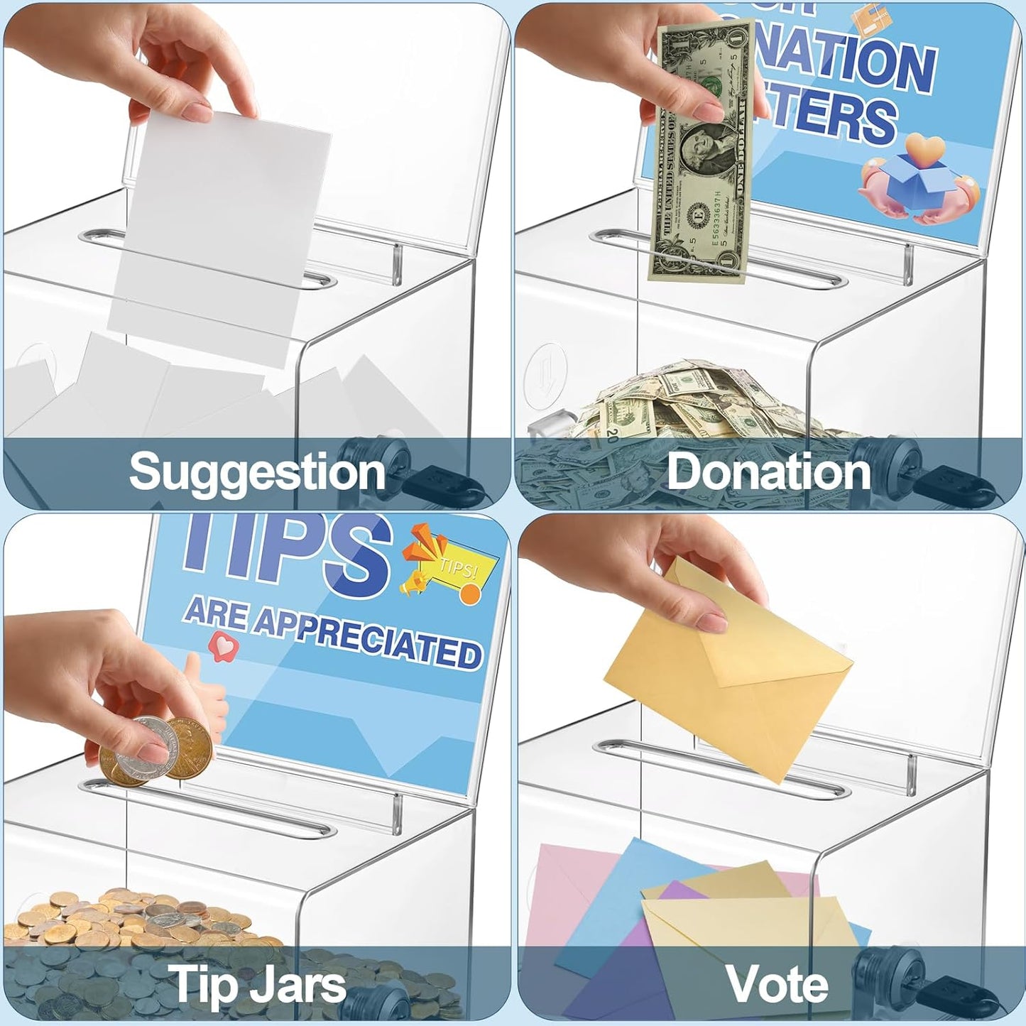 Polmart Clear Donation Box with Lock - Secure Ballot Box with Removable Sign Holder 2 Keys - for Money, Cards, Votes, Tickets, Feedback Collection (4.75"D x 6.29"W x 8"H)