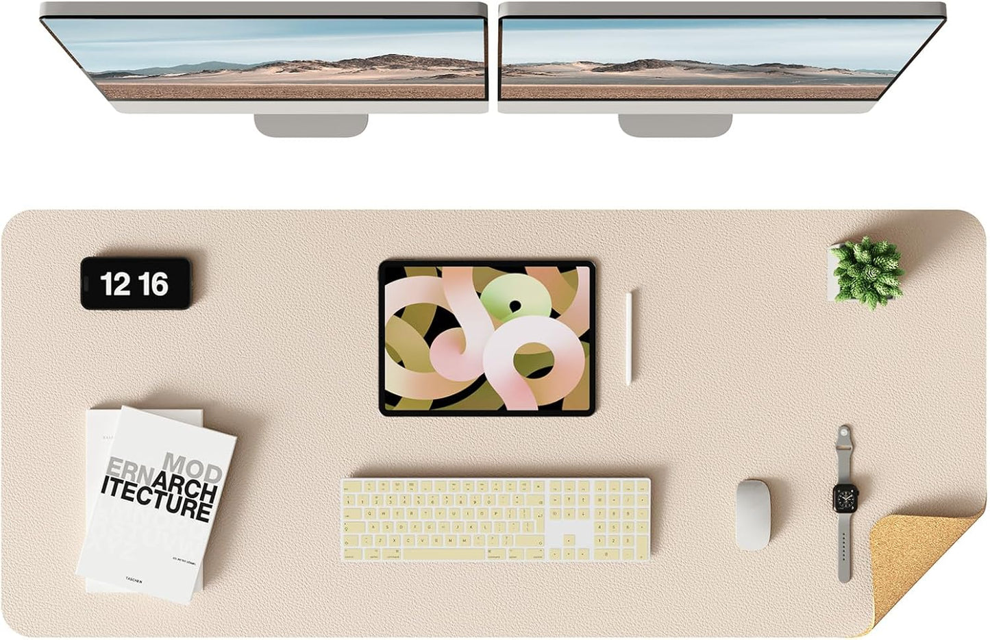 YSAGi Double-Sided Desk Pad, Leather Desk Mat, Eco Cork Desk Pad Protector, Large Mouse Pad for Desk, Waterproof Desk Blotter Pad, Desk Writing Pad for Office Work/Home (Beige/Cork,47.2" x 17")