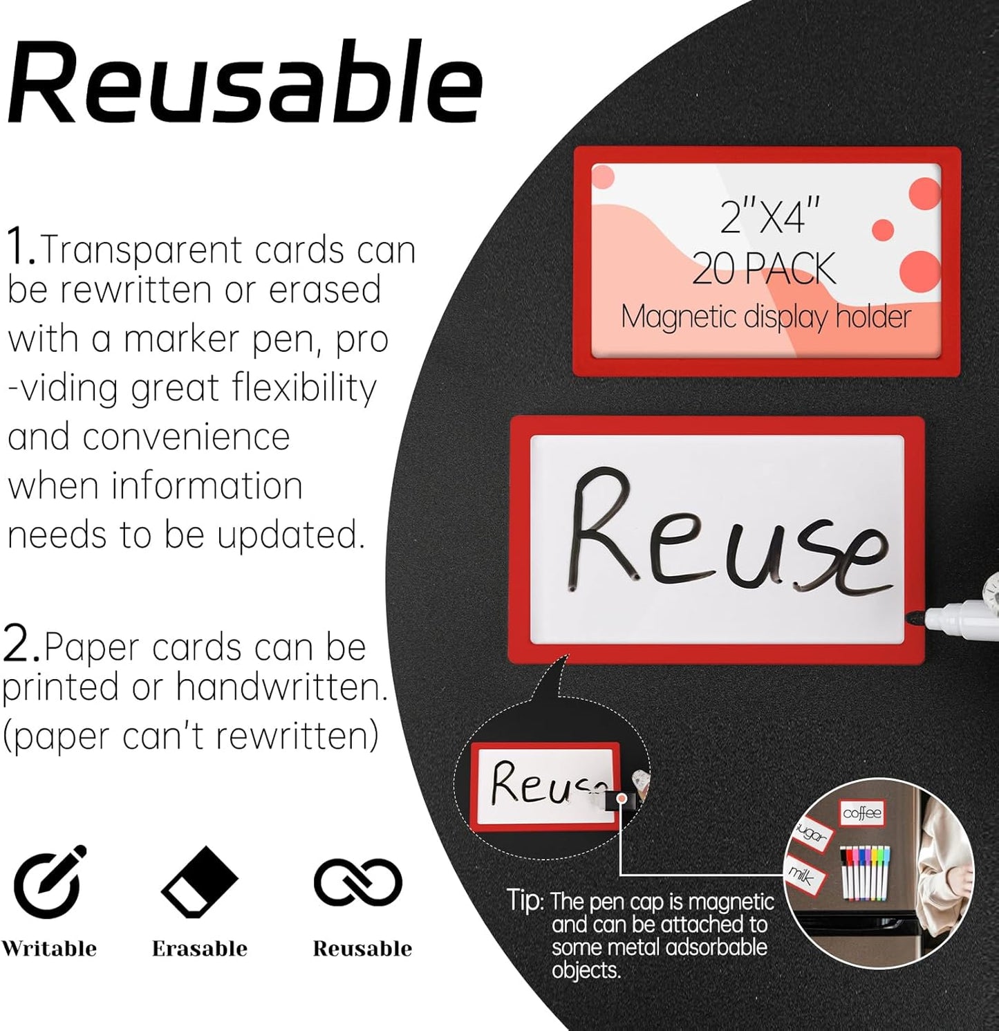 20Pcs Magnetic Plastic Label Holder 2x4 inch for Supermarket Store Price Tag, Metal Shelf File Storage Cabinet Drawer Label Tag Resuable with 8 Color Chalk Makers, 20Pcs White Paper (Red)