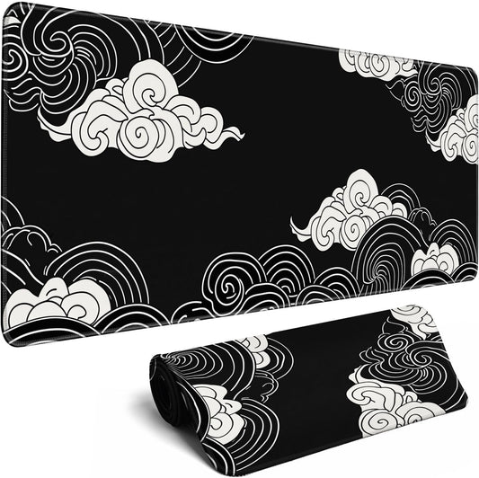 Black and White Mouse Pad Japanese Clouds Mouse Pad XL Anime Big Mouse Pads for Desk Large Gaming Large Mouse Pad for Men Desk Pad with Stitched Edges Non-Slip Large Computer Mat, 31.5x11.8 in