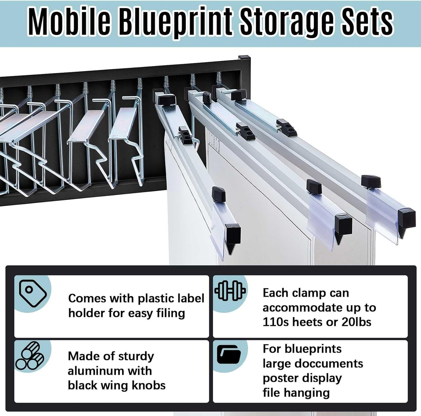 Estune Mobile Blueprint Holder Rack, Adjustable Mobile Blueprint Holder with 6 24 In Hanging Clamps 4 Wheels Poster Display Rack Storage Organizer Stand for File Display Plan Office Home(Black)