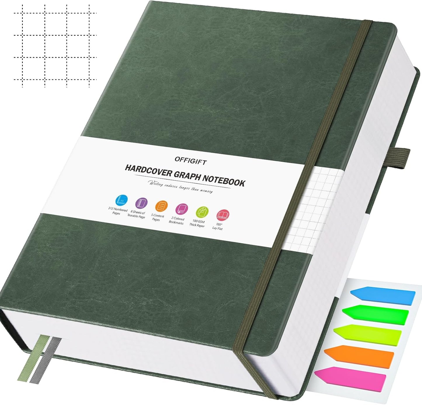 Graph Paper Notebook, 312 Numbered Pages B5 Hardcover Leather Journal, 100gsm No Bleed Grid Paper Notebook with Index Pages, Grid Notebook for Graphing Notes Math, 7.6'' X 10'', Green