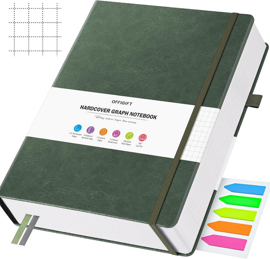 Graph Paper Notebook, 312 Numbered Pages Large A5 Hardcover Leather Journal, 100gsm No Bleed Grid Paper Notebook with Index Pages, Grid Notebook for Graphing Notes Math, 5.75" x 8.38", Green