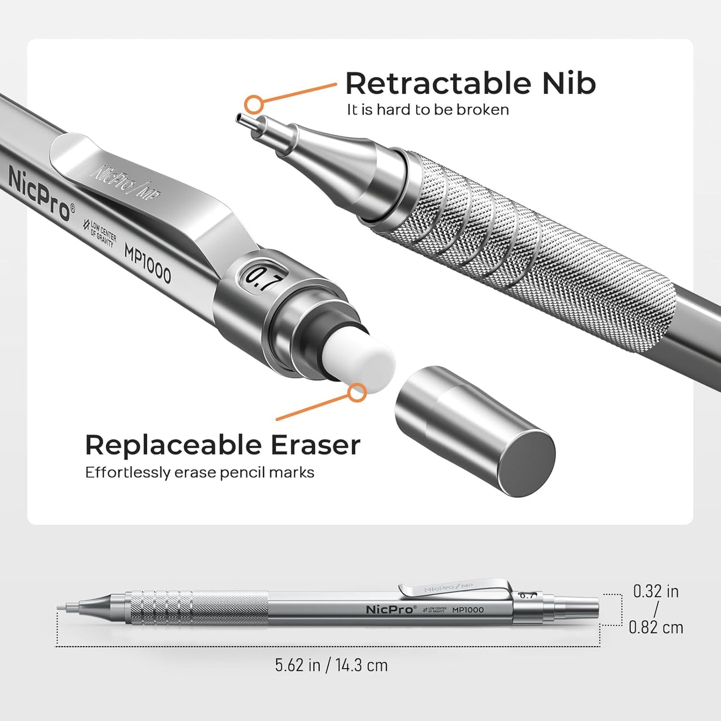 Nicpro Metal Mechanical Pencil Set, 5 PCS Art Drafting Pencils 0.3, 0.5, 0.7, 0.9 mm & 2mm Graphite Lead Holder For Sketching Drawing With 9 Tubes (4B 2B HB 2H Colors) Lead Refills Erasers Case