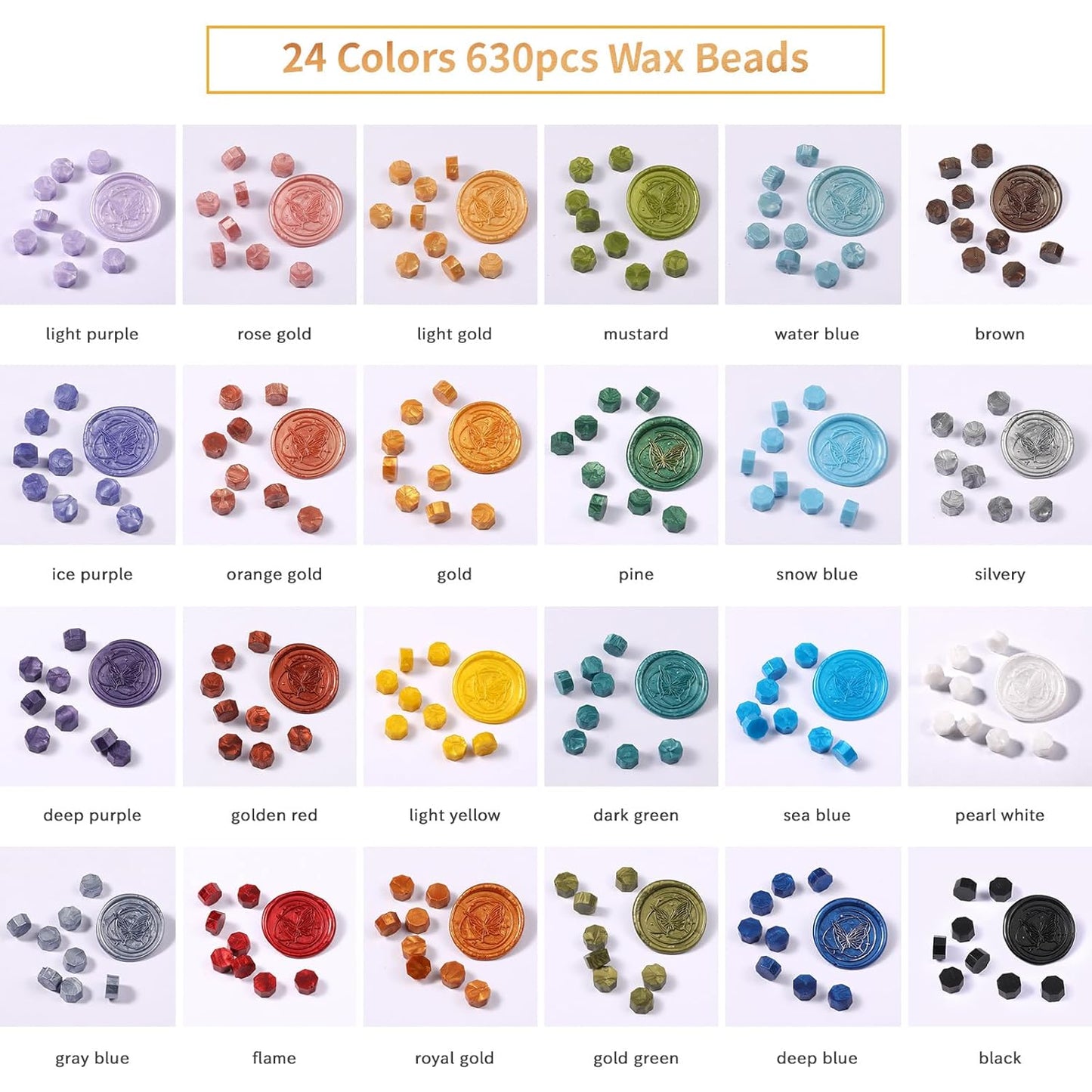 Wax Seal Kit with Gift Box, 630 Pcs 24 Color Sealing Beads, Butterfly Stamp, Sealing Wax Warmer, Envelopes, Adhesive Stickers for Gift and Decoration (Classical Butterfly)