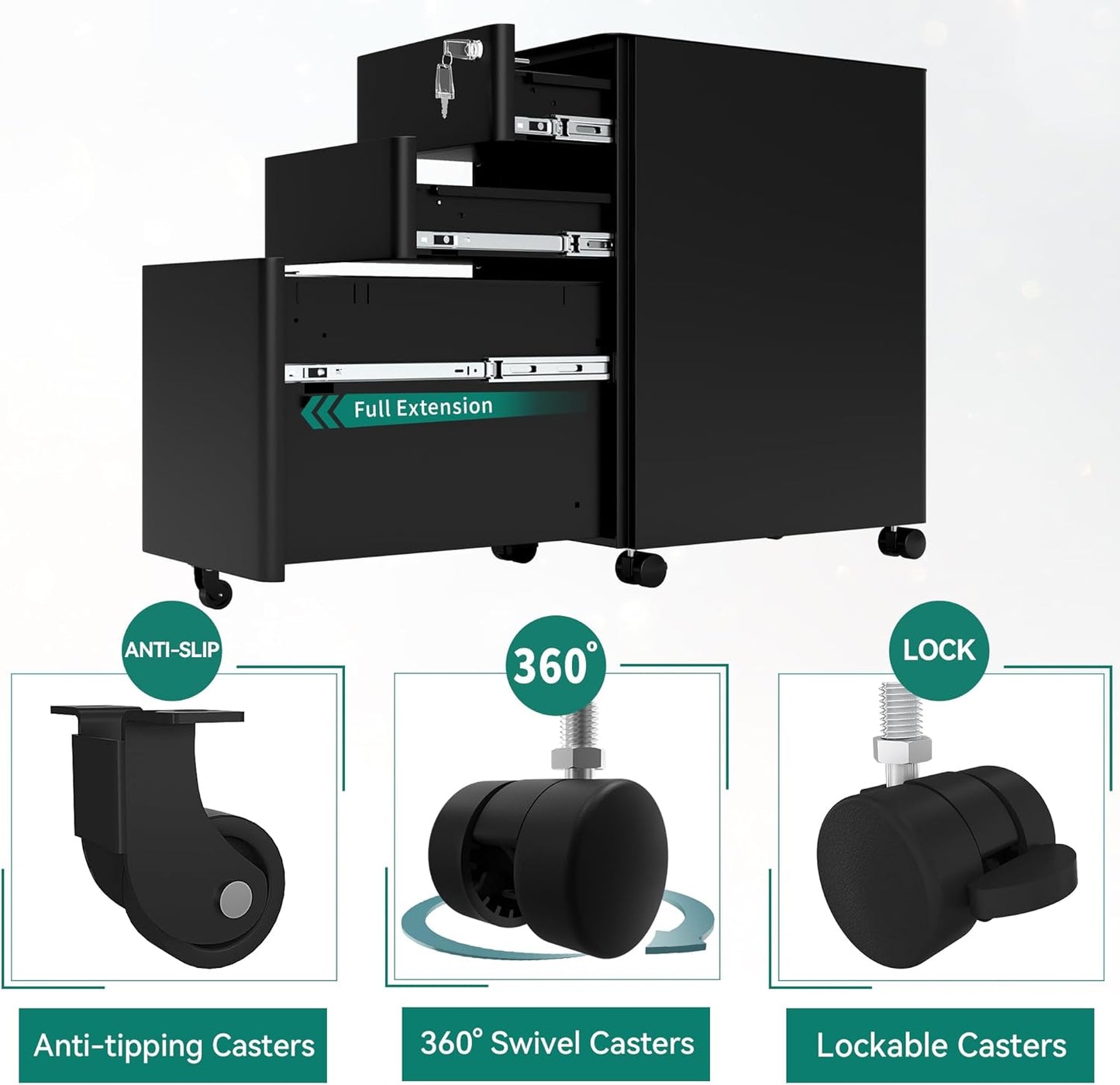 YITAHOME 3-Drawer File Cabinet, Lockable Mobile Filing Cabinet for A4/Letter/Legal Size Folder, Vertical File Cabinet for Home Office, Installed Except Casters, Black