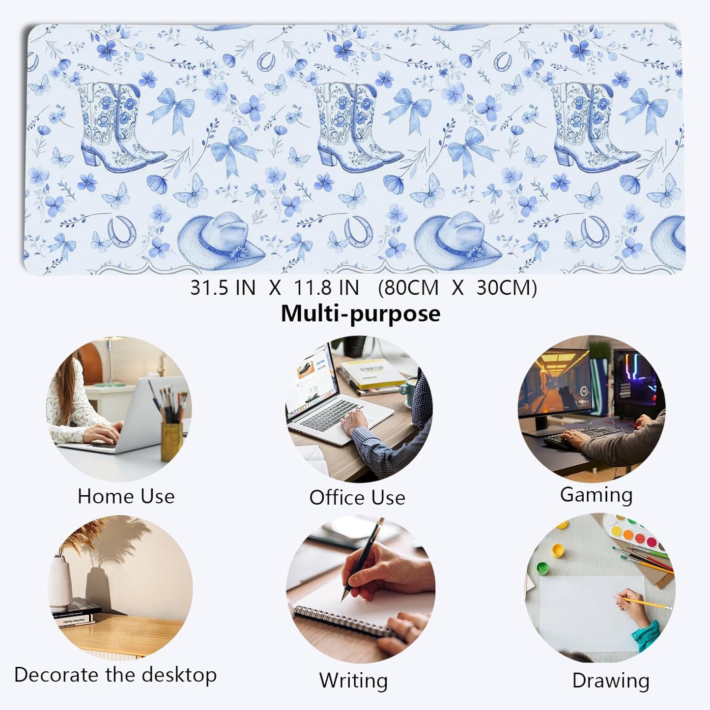 Western Desk Mat,Blue and White Floral Mouse Pad, Blue Chinoiserie Large Mouse Pad, Coquette Girly Cowgirls Desk Mat for Dorm Western Office Decor, 31.5x11.8 Inch