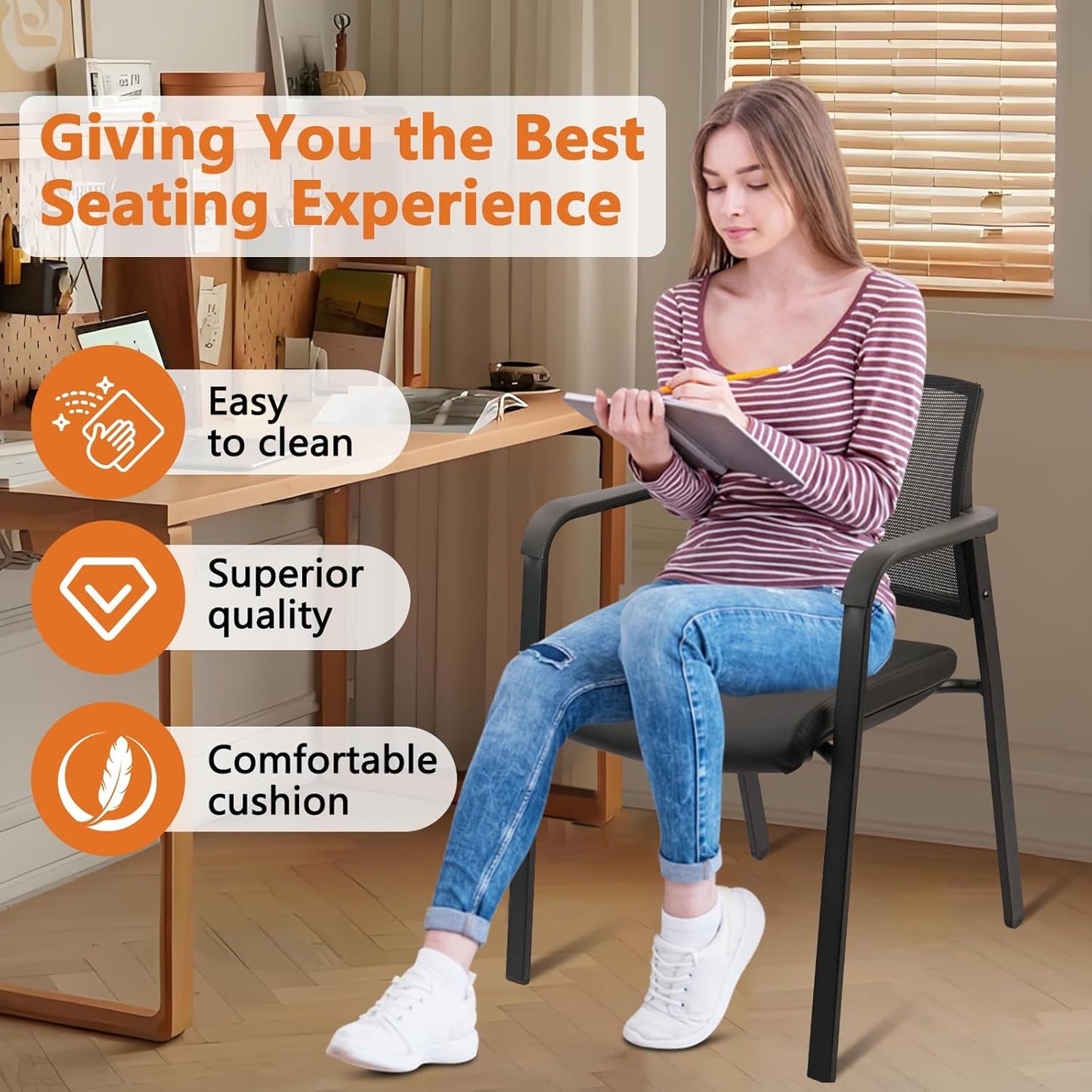 CLATINA Stackable Office Chair, Mesh Back Guest Chairs with Comfortable Leather Seat Arms Stacking Ergonomic Desk Chair No Wheels for Conference Waiting Reception School Side Stationary, Black