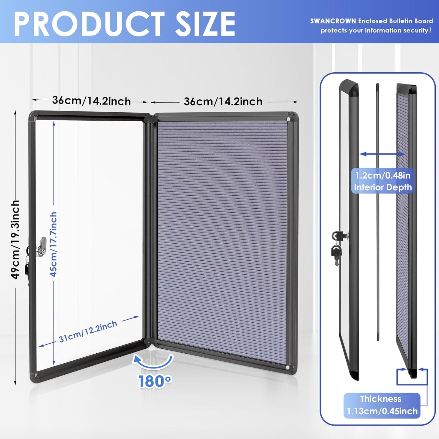 SWANCROWN Enclosed Bulletin Board with Locking Door 20x14 in, Lockable Felt Letter Board Sign Tamperproof Message Board for Office School Home, Black Aluminum Frame, Grey