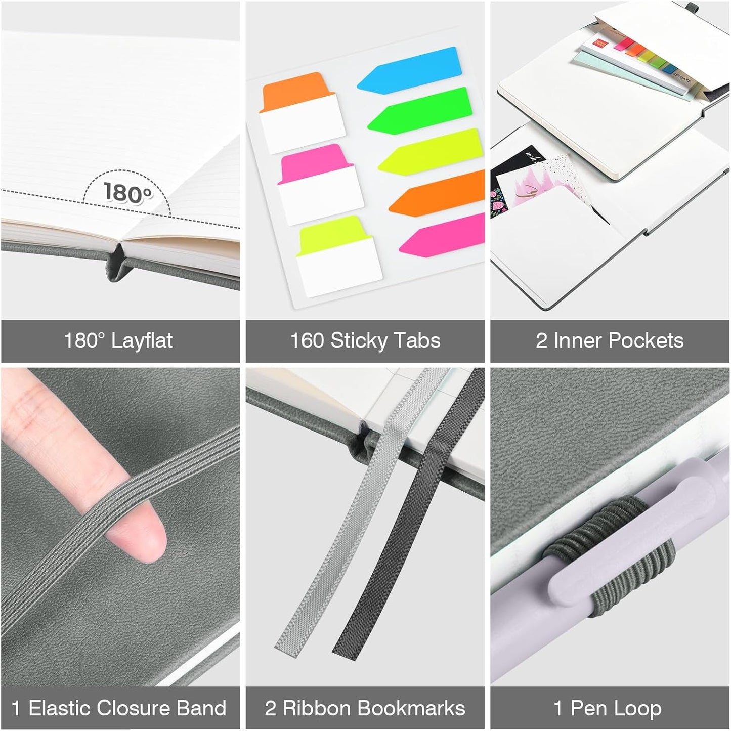 OMEYA Lined Journal Notebook, 3 Pack A5 College Ruled Notebooks for Work, Hardcover Notebook Each with 2 Pockets & Pen, Leather Journal for Women, Men, 160 Pages, 100GSM Thick Paper (Grey)