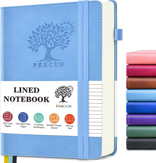 PERCUN Lined Journal Notebook for Men & Women, 160 Pages College Ruled Journal for Writing, A5 Hardcover Leather Notebooks for Work, School, Business, Travel, Daily Diary 5.9" x 8.5" - Blue