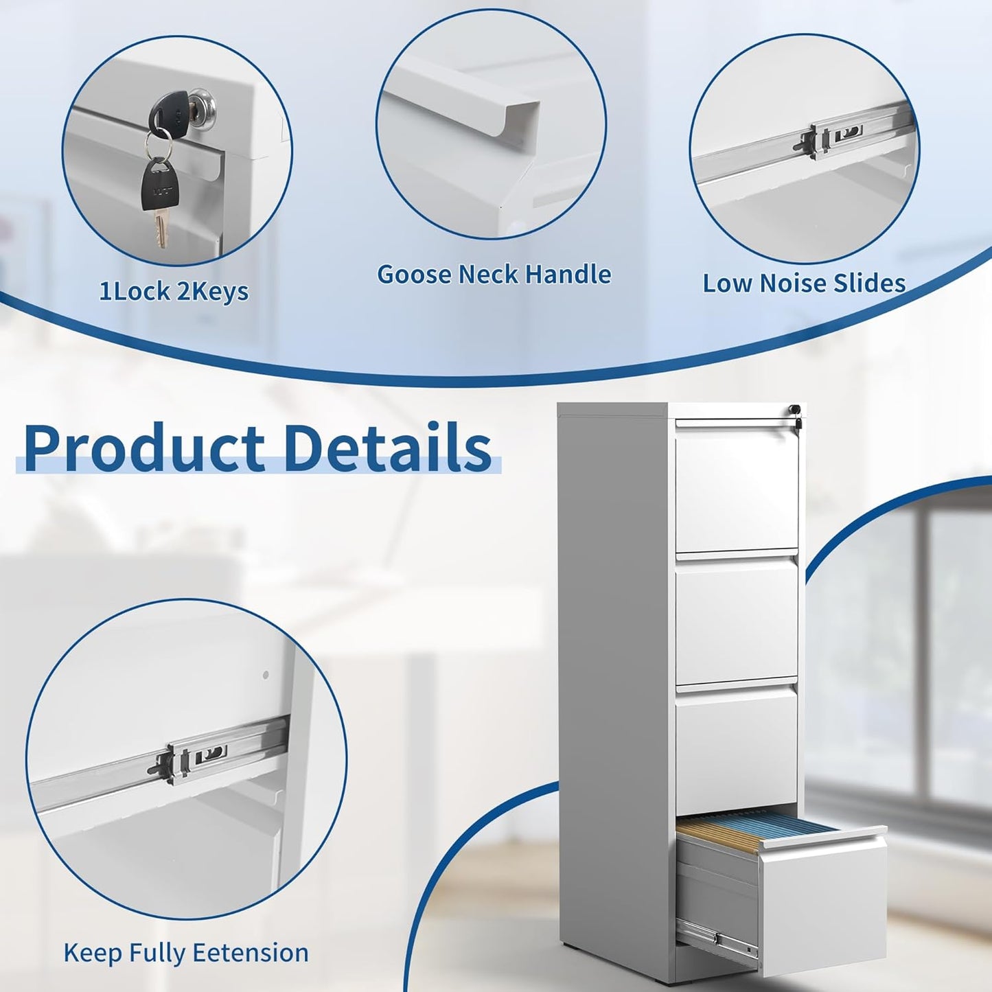 4-Drawer Locking Vertical File Cabinet, Metal Storage Cabinet for Office/Home – Secure Vertical Filing for Letter/Legal/A4/F4 Documents, Easy to Assemble Steel Cabinet (White, 4 Drawer-52 H)