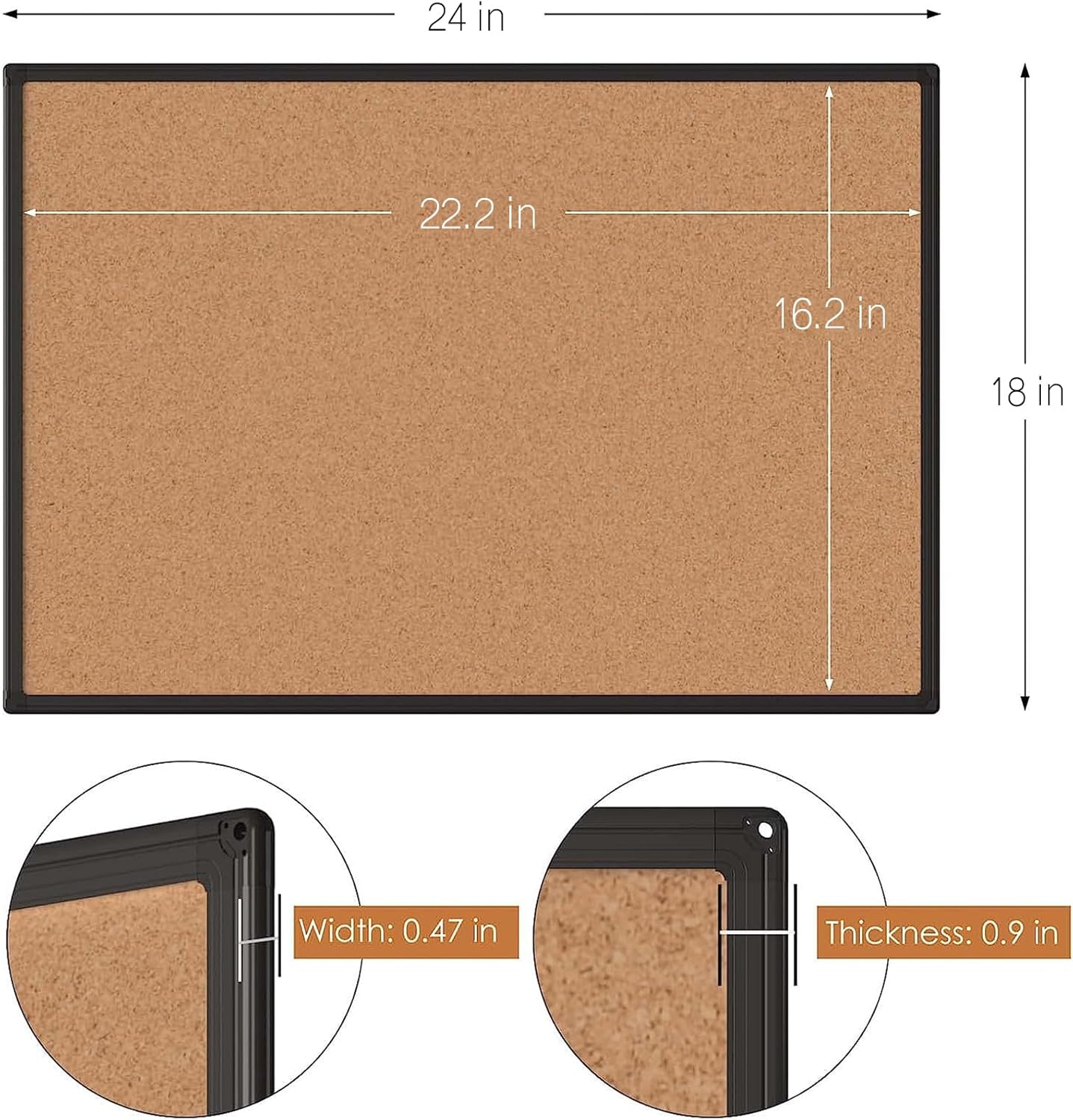 Board2by Cork Board Bulletin Board 24 x 18, Black Aluminium Framed Corkboard, Office Board for Wall Cork, Large Wall Mounted Notice Pin Board with 16 Push Pins for School, Home & Office