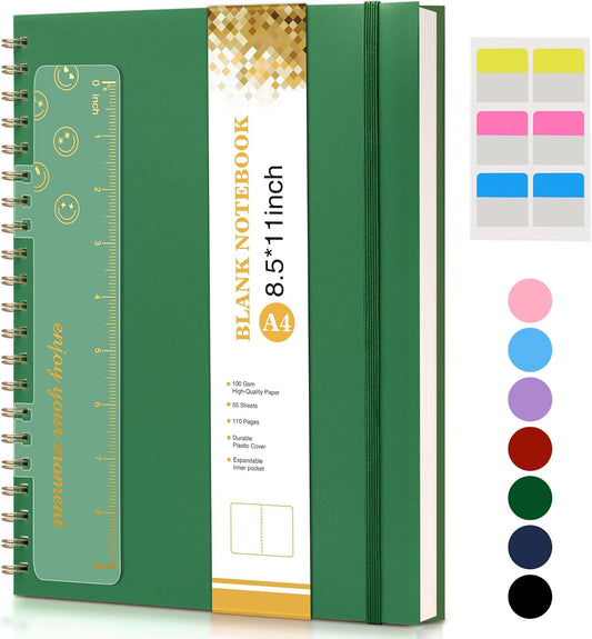 Blank Spiral Notebook Journal 8.5” x 11”, A4 Large Sketch Book for Women Men, 100 GSM Blank Paper Drawing Notebook, Plastic Hardcover Spiral Bound Sketchbook for Sketching Work School Writing, Green