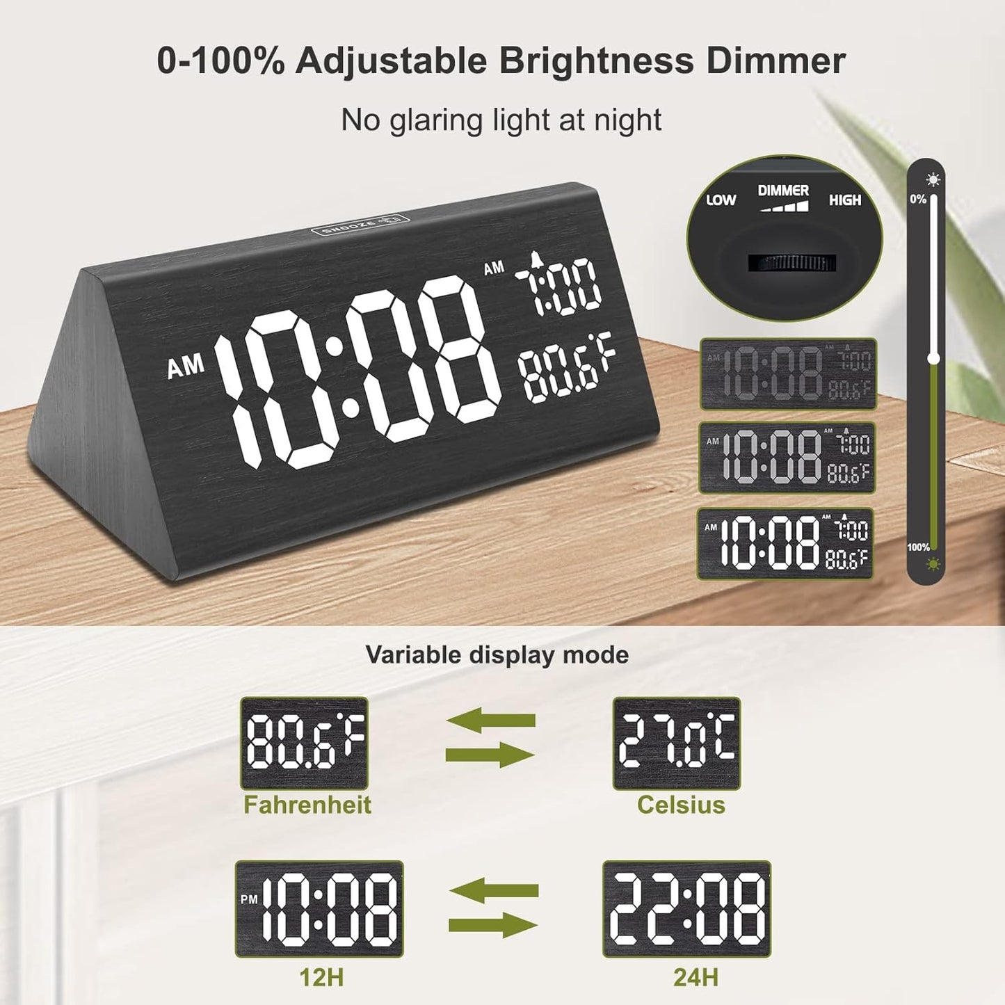 DreamSky Wooden Digital Alarm Clock for Bedroom - 7.7" Electric Clocks with USB Port, Large Numbers, Temperature, 0-100% Brightness Dimmer, Adjustable Alarm Volume, Snooze, 12/24H