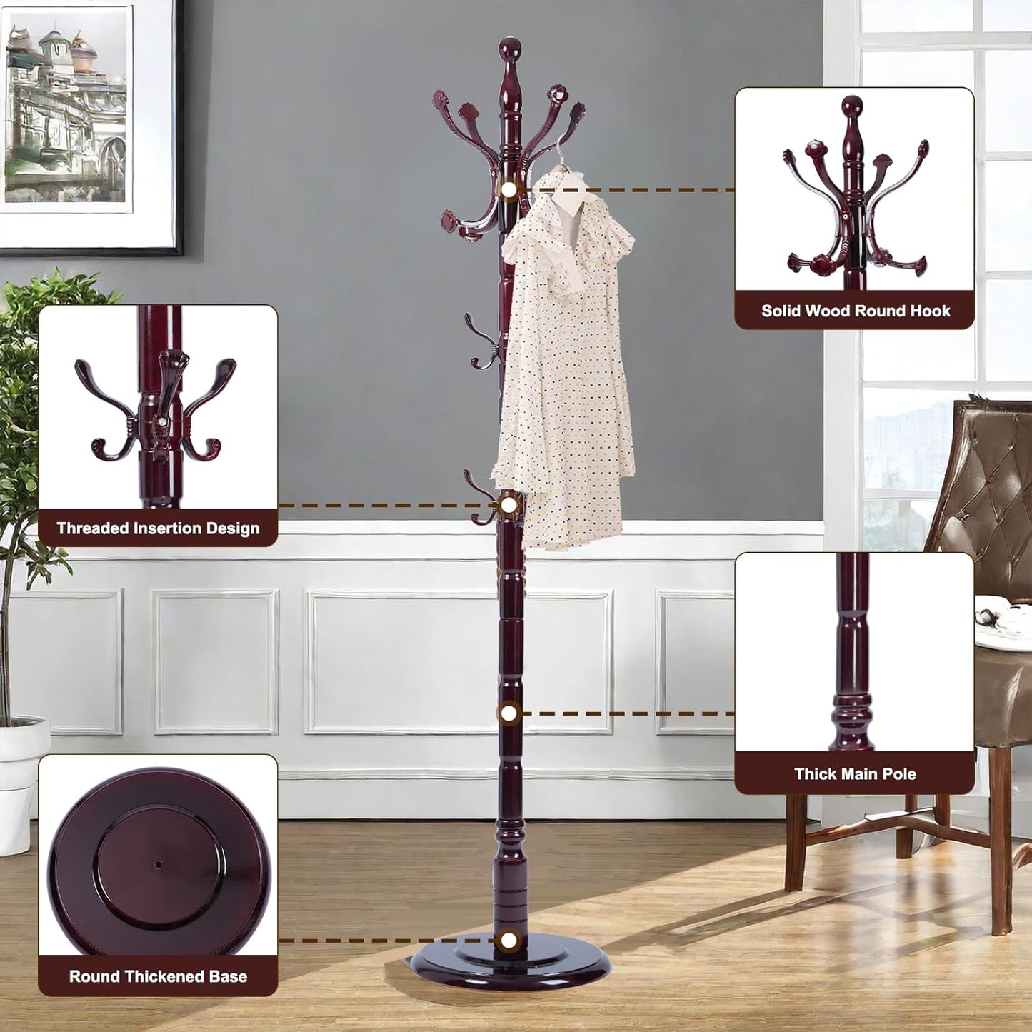 Solid Wood Coat Rack – 72" Freestanding Coat Racks Stand with 14 Hooks & Stable Base, Adjustable Height Modern Wooden Hall Tree for Entryway, Bedroom, Office, Home (Mahogany Lucky Hook)