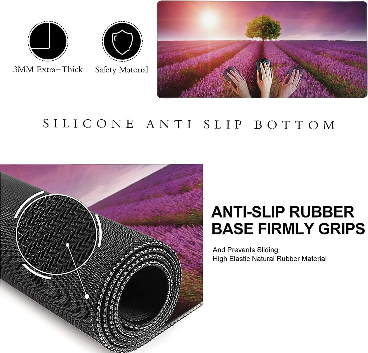 Stunning Lavender Field Landscape Extended Gaming Mouse Pad Large Desk Mat with Non-Slip Rubber Base and Stitched Edges,Keyboard Mouse Mat Desk Pad for Work,Game,Office,Home 35.4 * 15.7 Inch