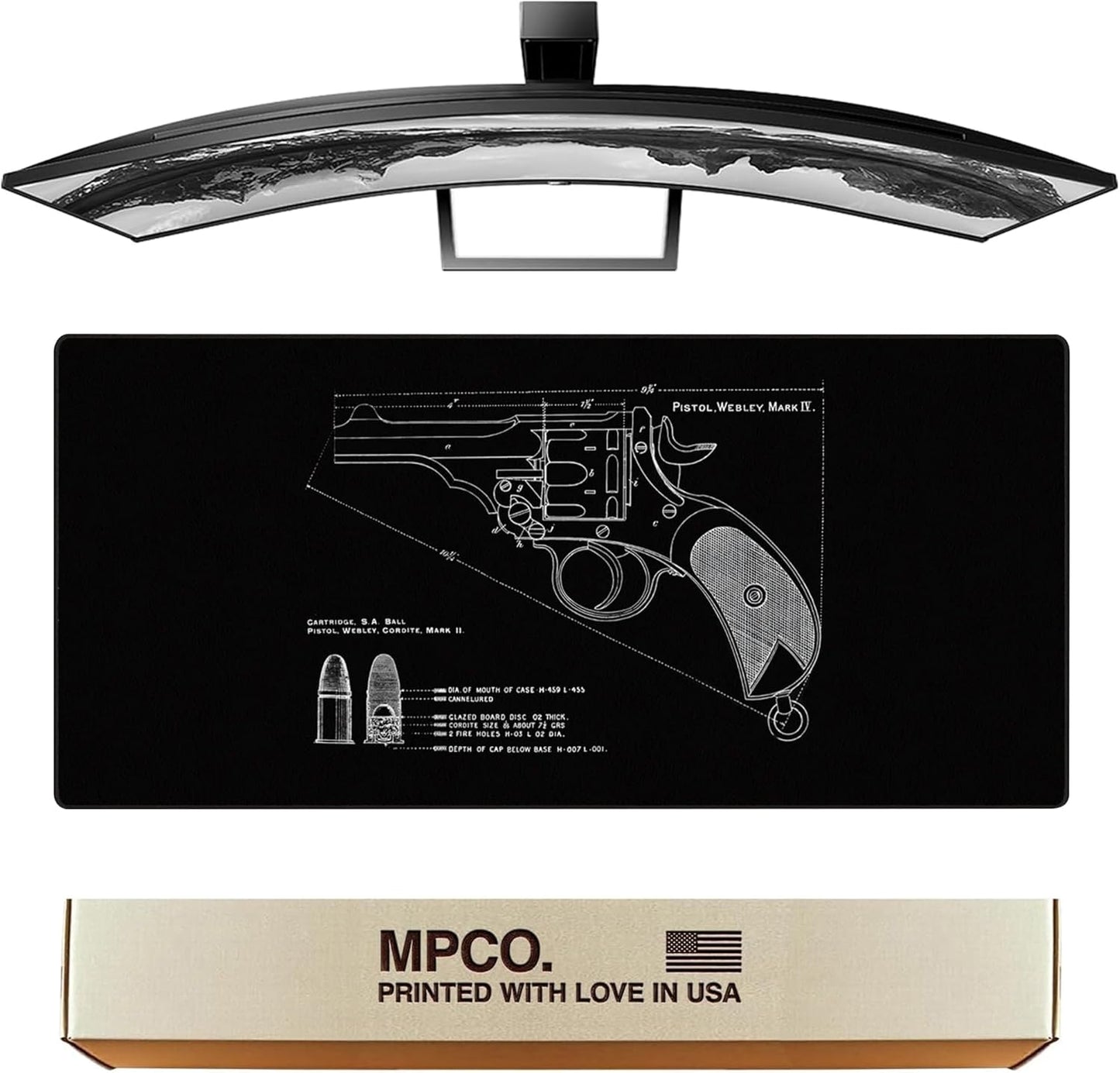 MPCO. Blueprints Large Gaming Desk Pad - 36" x 17" Duraglyde Fabric Pistol Webly Mark IV – Black Desk Mats - Non-Slip, Washable, Smooth Glide for Precision Gaming & Work