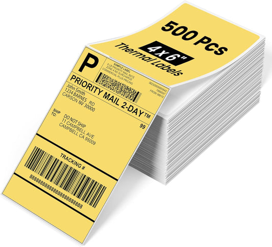 Phomemo 4x6 Thermal Label Printer Paper - 500 PCS Yellow 4"x6" Fan-Fold Shipping Supplies Labels - Water/Oilproof Label Stickers - Permanent Adhesive Thermal 4x6 Labels for Small Business