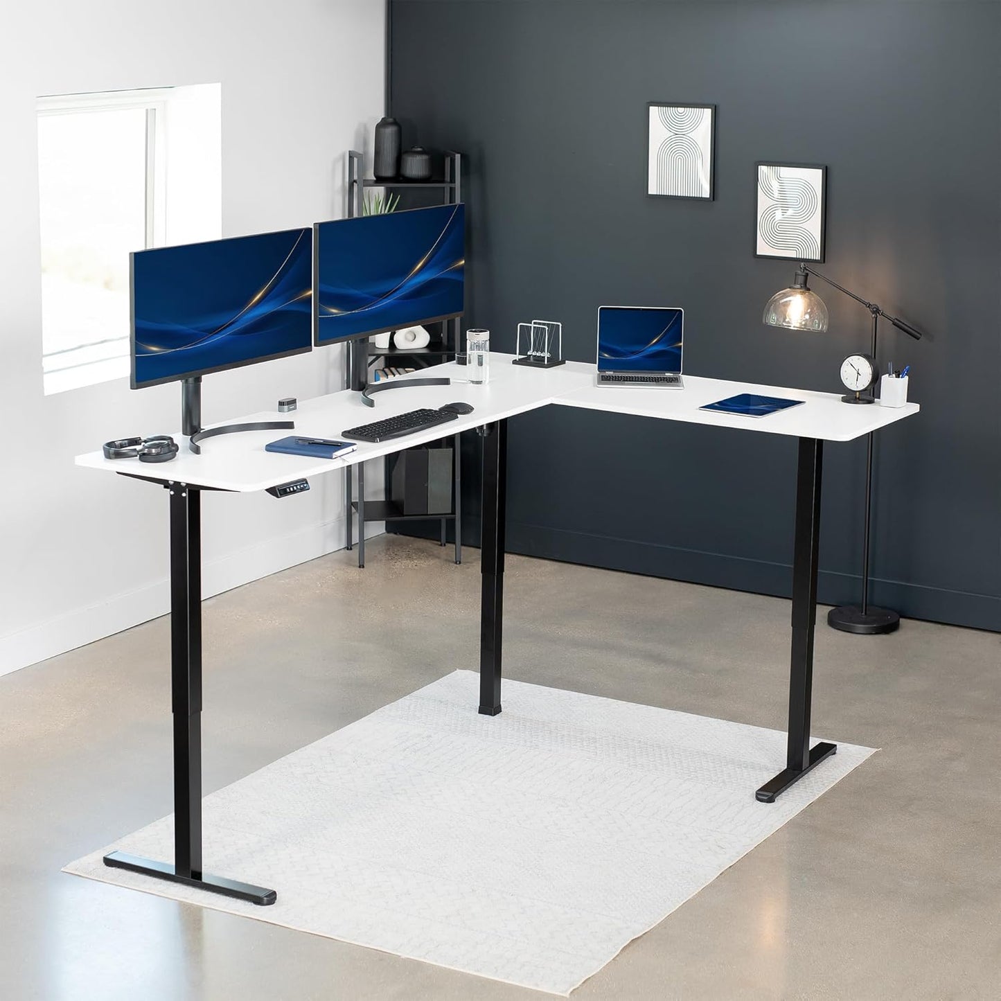 VIVO Electric Corner L-Shaped 84 x 63 in Standing Desk, Memory Height Adjustment, White Top Black Frame, DESK-E3CTBW-84