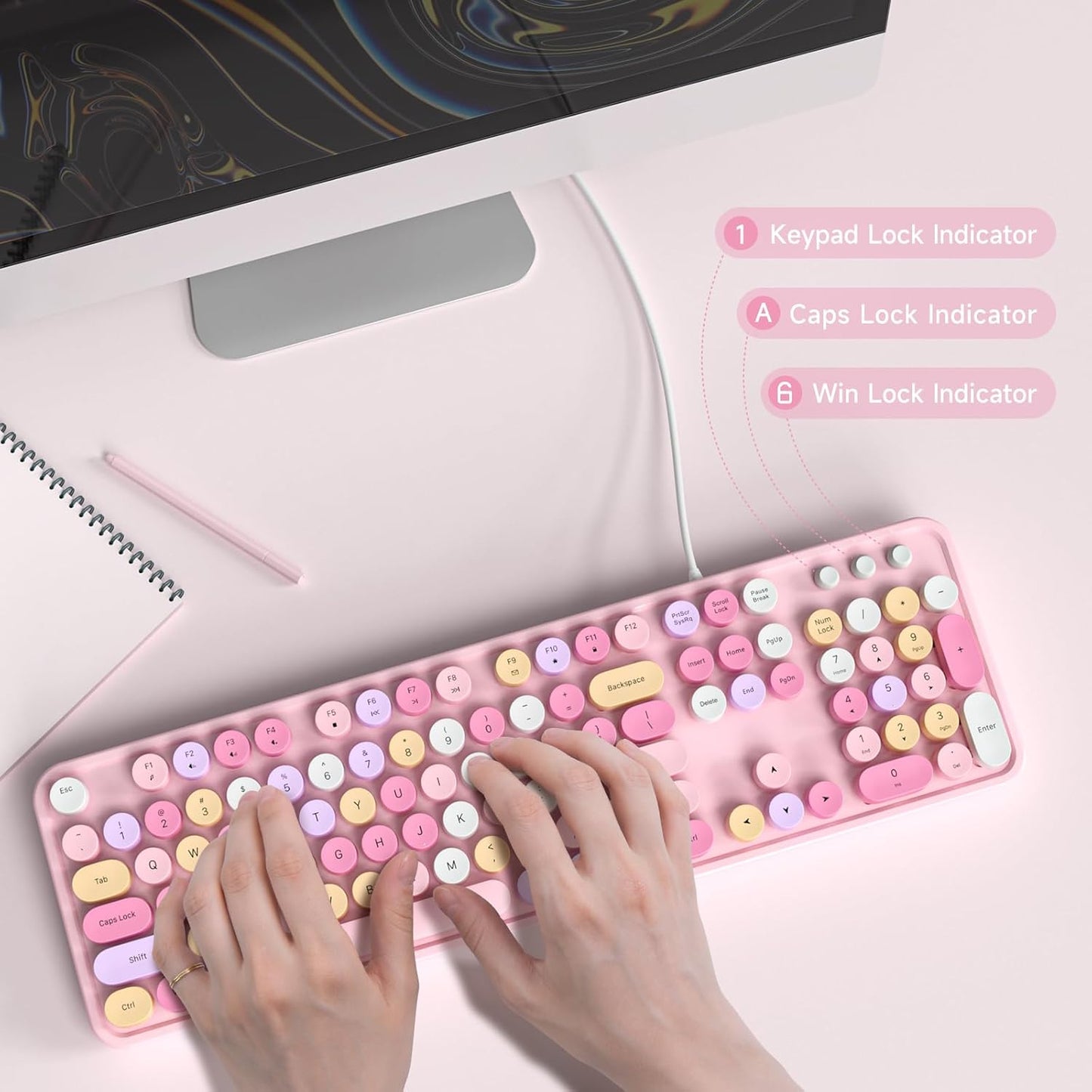 Wired Keyboard, 104 Keys Full-Sized Typewriter Keyboards, USB Plug and Play Office Keyboard with Number Pad, Caps Indicators, Foldable Stands for Windows, PC, Laptop (Pink Colorful)