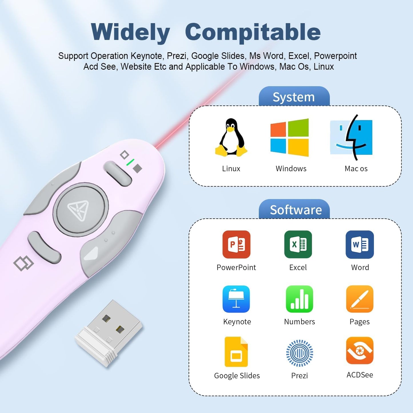 QUI Presentation Clicker Wireless Presenter Remote Clicker for PowerPoint Presentation Remote, PowerPoint Slide Advancer for Mac/Windows/Google Slide/Keynote, USB, Purple